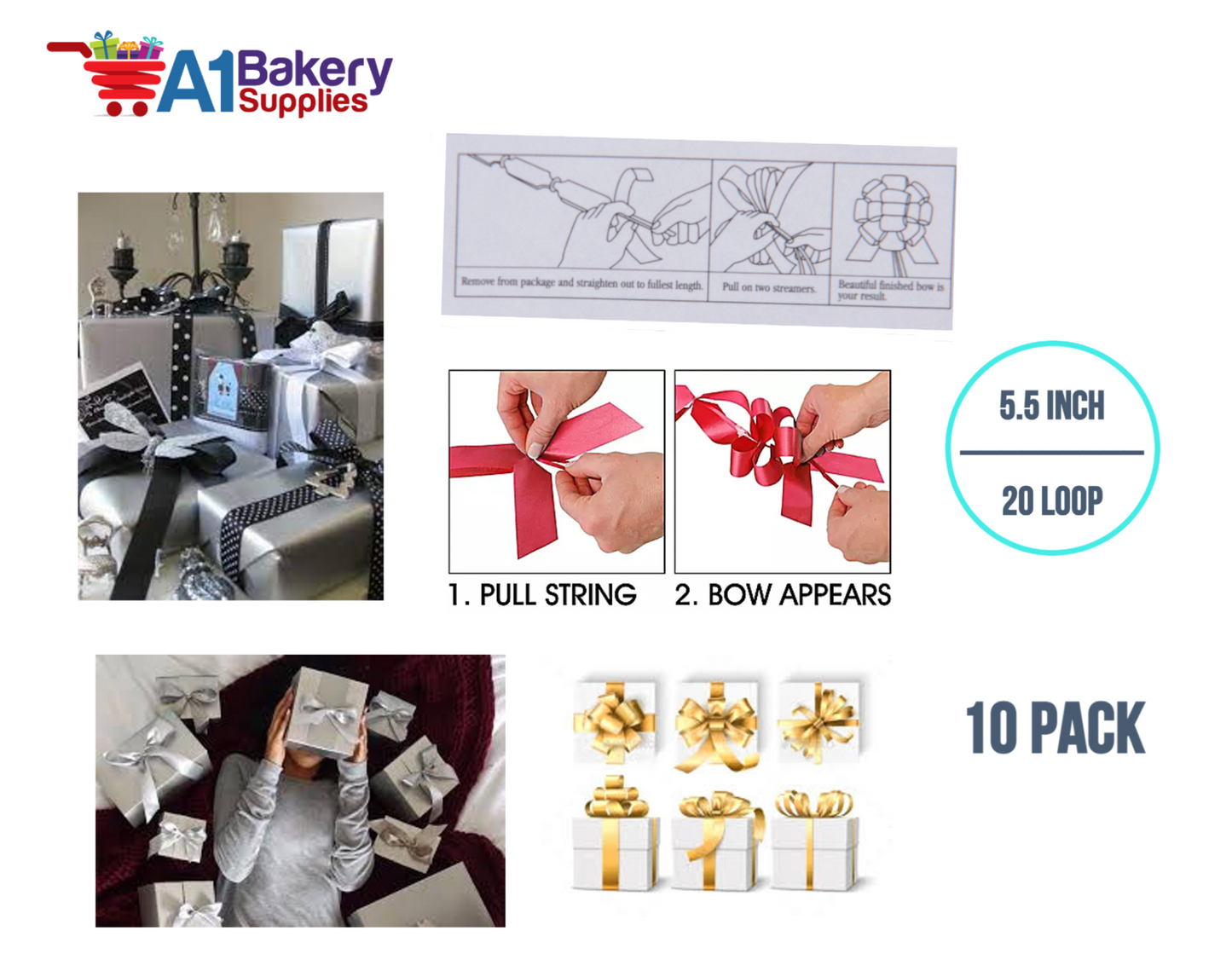 A1BakerySupplies 10 Pieces Pull Bow for Gift Wrapping Gift Bows Pull Bow With Ribbon for Wedding Gift Baskets, 5.5 Inch 20 Loop in Mixed Color