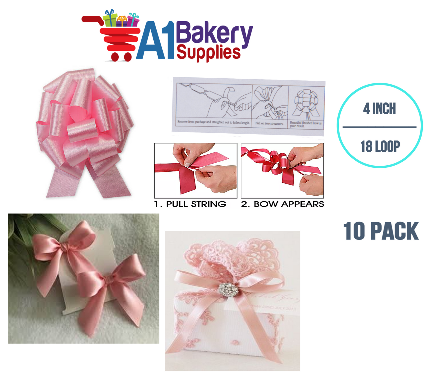 A1BakerySupplies 10 Pieces Pull Bow for Gift Wrapping Gift Bows Pull Bow With Ribbon for Wedding Gift Baskets, 4 Inch 18 Loop in Baby Pink Flora Satin Color