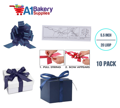 A1BakerySupplies 10 Pieces Pull Bow for Gift Wrapping Gift Bows Pull Bow With Ribbon for Wedding Gift Baskets, 5.5 Inch 20 Loop in Navy Blue Color