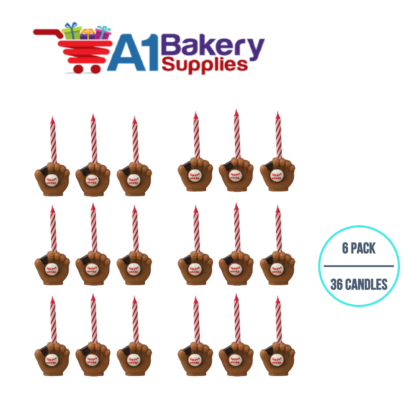 A1BakerySupplies Baseball Glove Candleholder Sets 6 pack for Birthday Cake Decorations and Anniversary