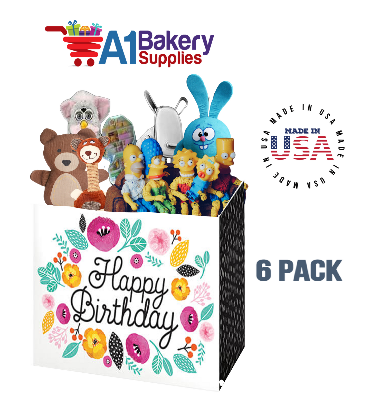 Birthday Flowers Basket Box, Theme Gift Box, Large 10.25 (Length) x 6 (Width) x 7.5 (Height), 6 Pack
