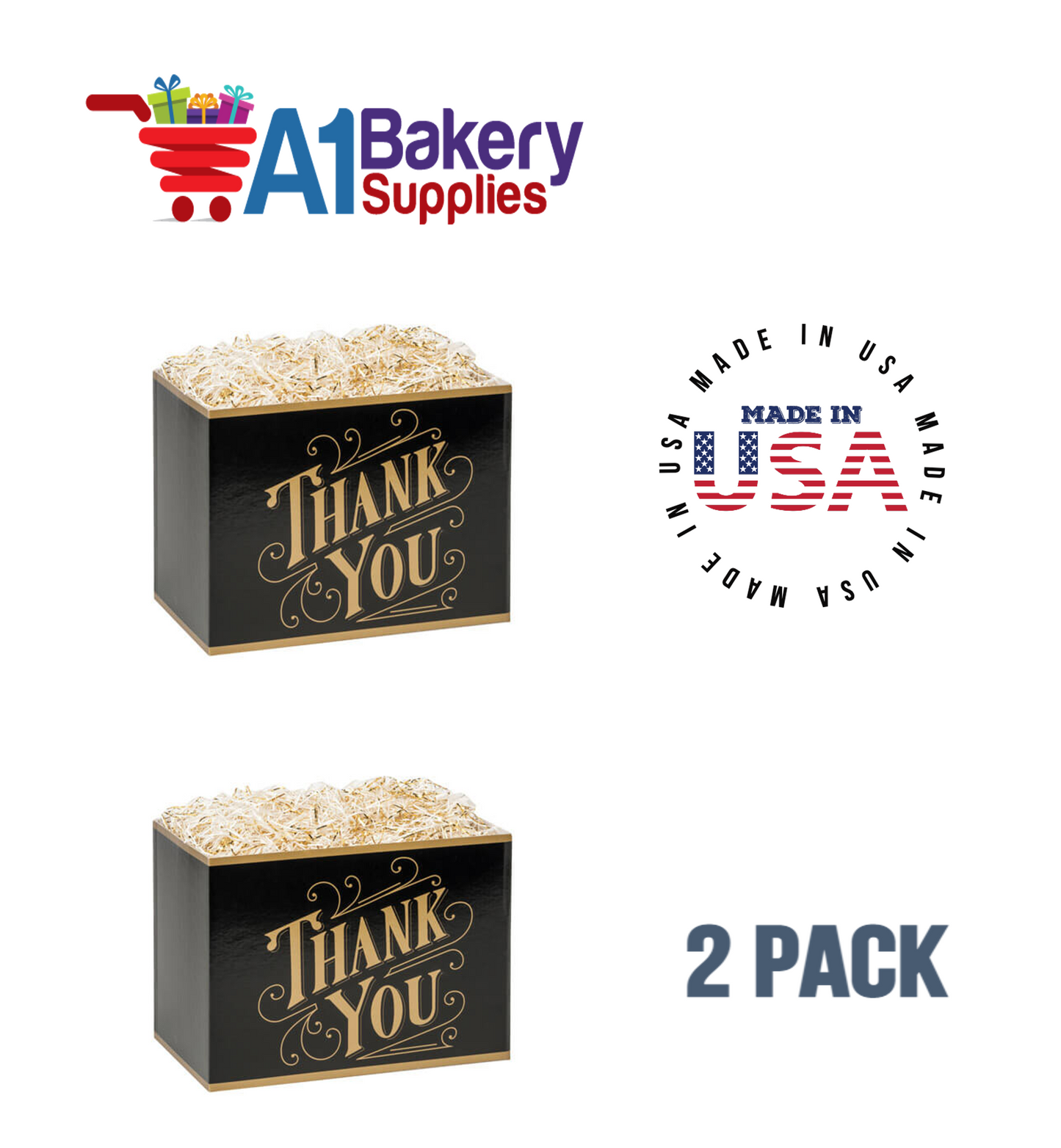 Black & Gold Thanks Basket Box, Theme Gift Box, Small 6.75 (Length) x 4 (Width) x 5 (Height), 2 Pack
