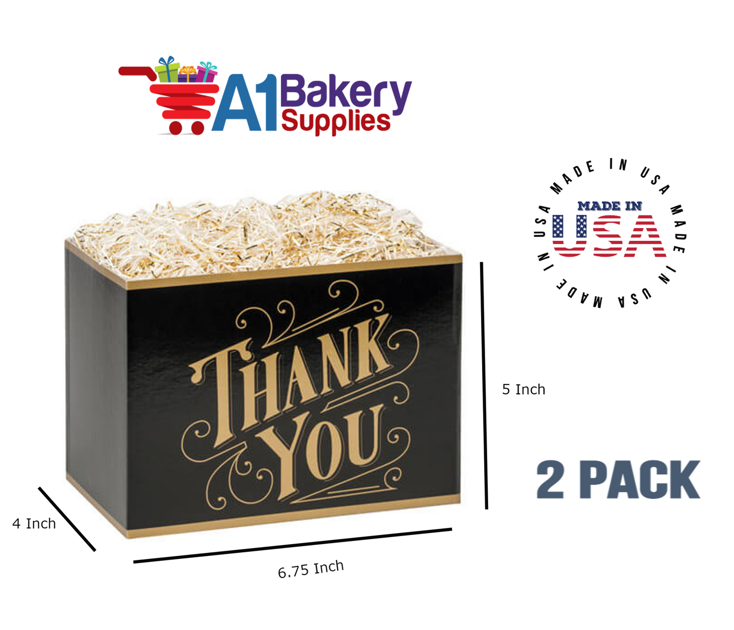 Black & Gold Thanks Basket Box, Theme Gift Box, Small 6.75 (Length) x 4 (Width) x 5 (Height), 2 Pack