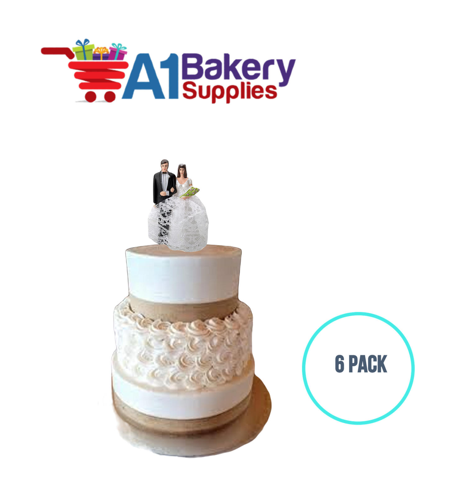 A1BakerySupplies Bride & Groom W/Lace Dress 6 pack Wedding Accessories for Birthday Cake Decorations and Marriages