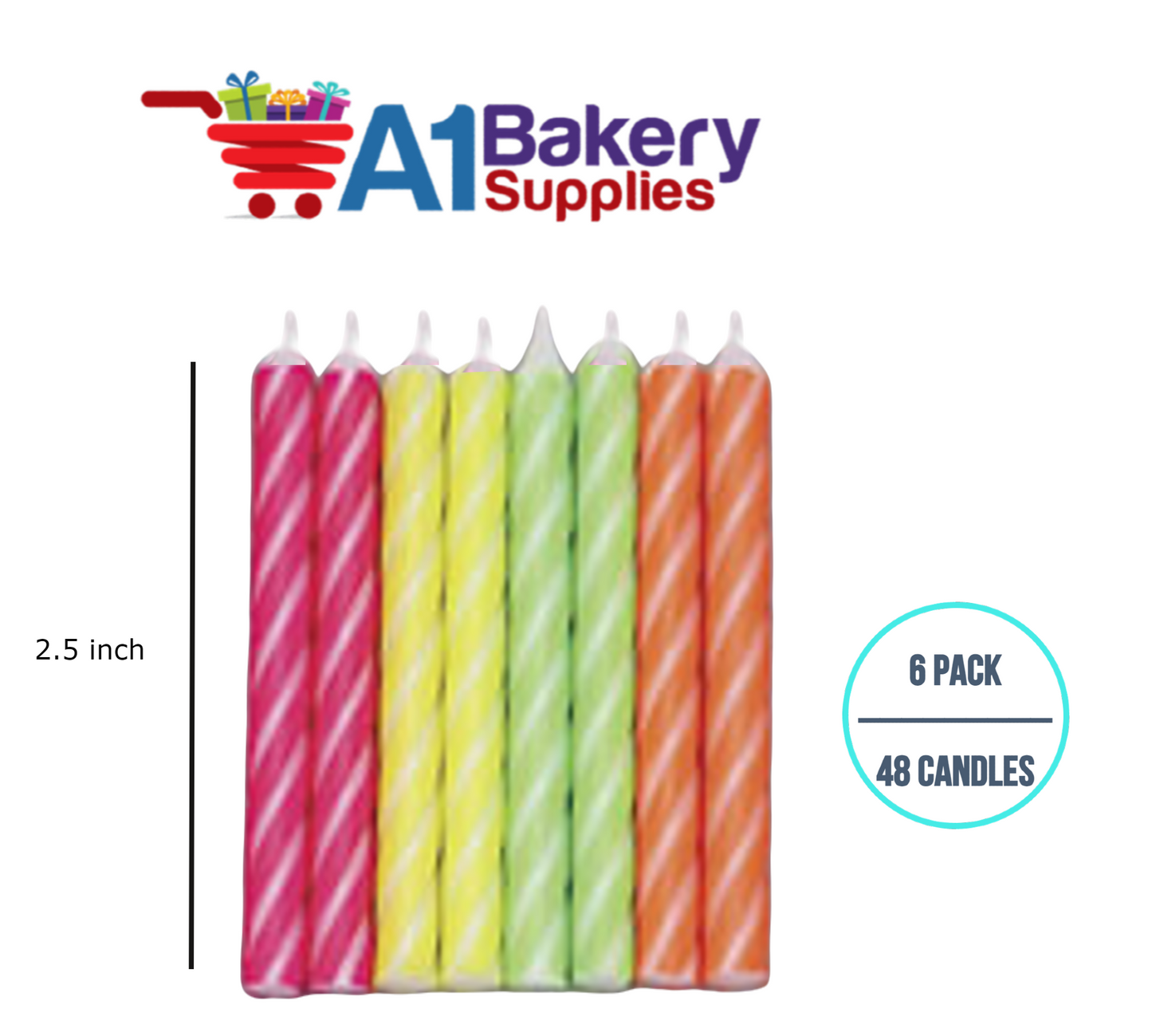 A1BakerySupplies Brite Stripe Candles- Neon Asst 6 pack for Birthday Cake Decorations and Anniversary