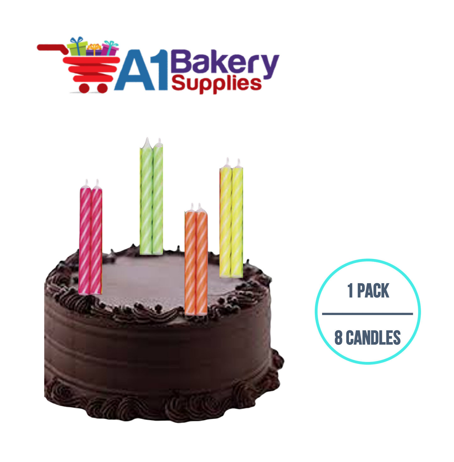 A1BakerySupplies Brite Stripe Candles- Neon Asst 1 pack for Birthday Cake Decorations and Anniversary