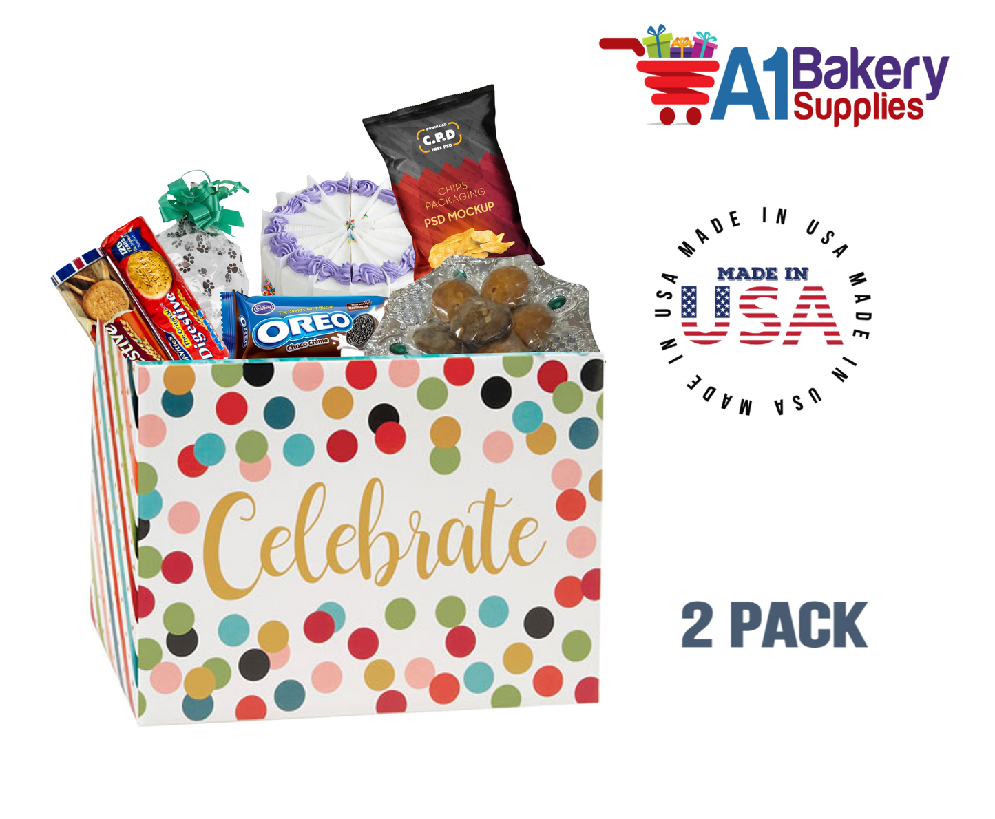 Celebrate Dots Basket Box, Theme Gift Box, Large 10.25 (Length) x 6 (Width) x 7.5 (Height), 2 Pack