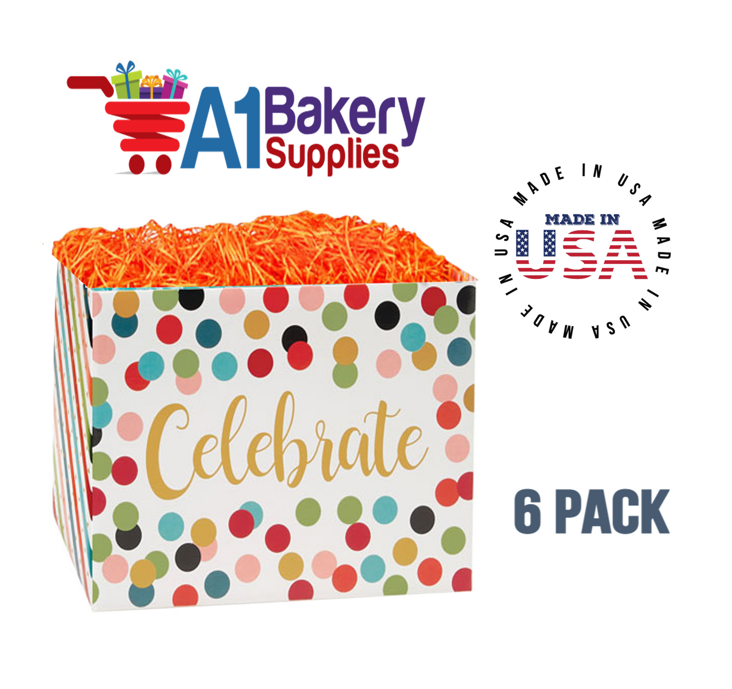 Celebrate Dots Basket Box, Theme Gift Box, Large 10.25 (Length) x 6 (Width) x 7.5 (Height), 6 Pack