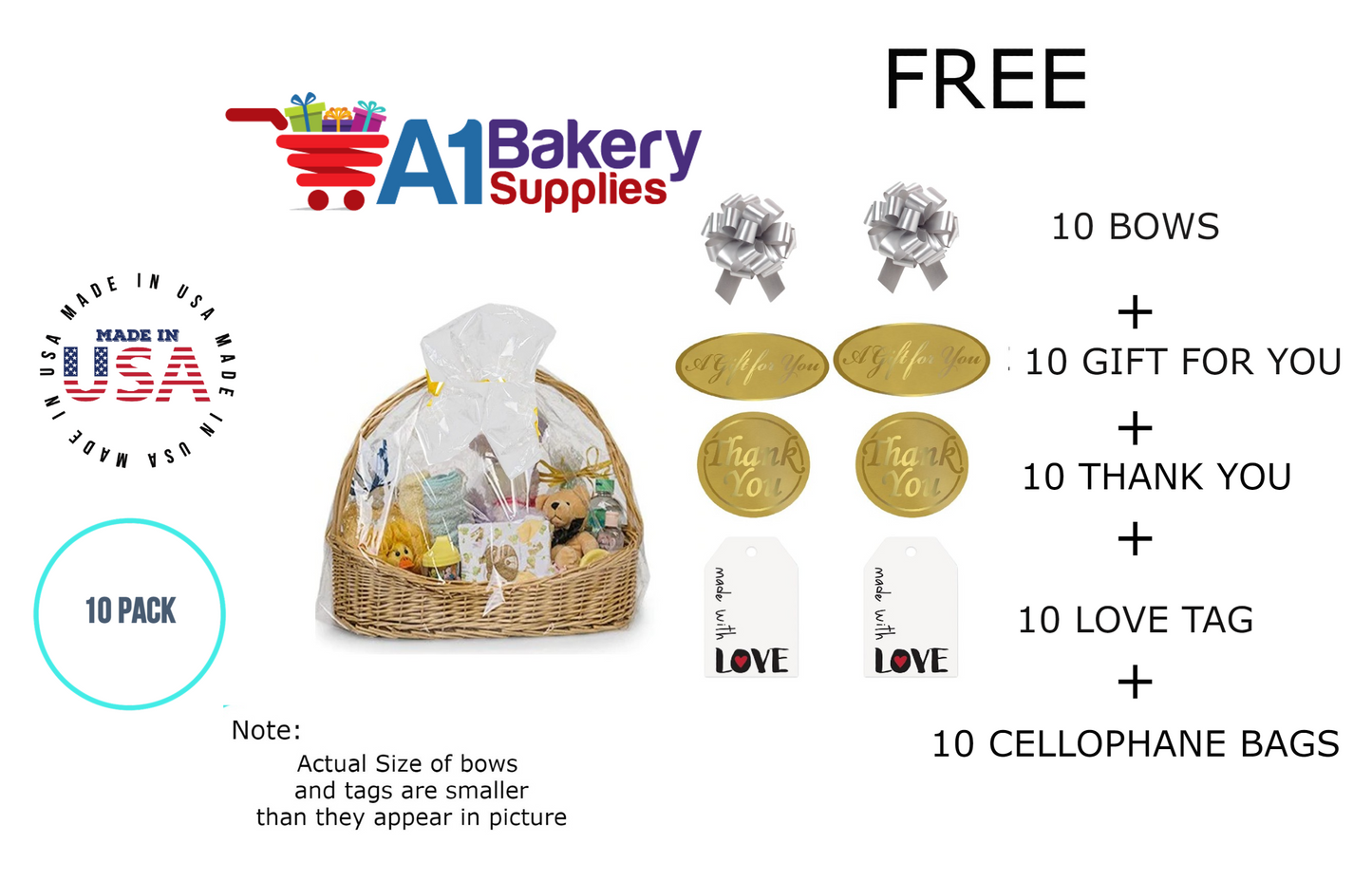 BOPP Sealable Cellophane Bags and Clear Gift Basket Wrap Packaging, 24 in x 30 in, Clear Cello Wrapping for Baby Shower, Wedding Party, or Event Giveaways, 10 Pack