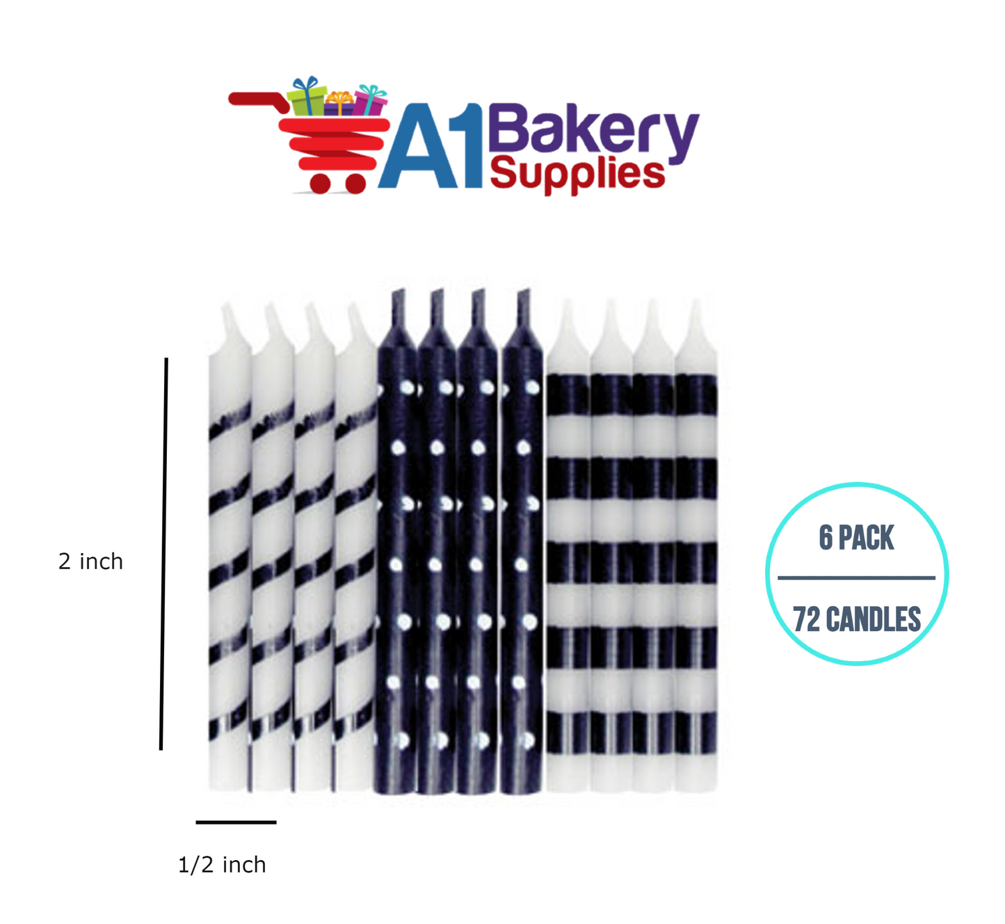 A1BakerySupplies Dots & Stripes Birthday Candles 6 pack for Birthday Cake Decorations and Anniversary