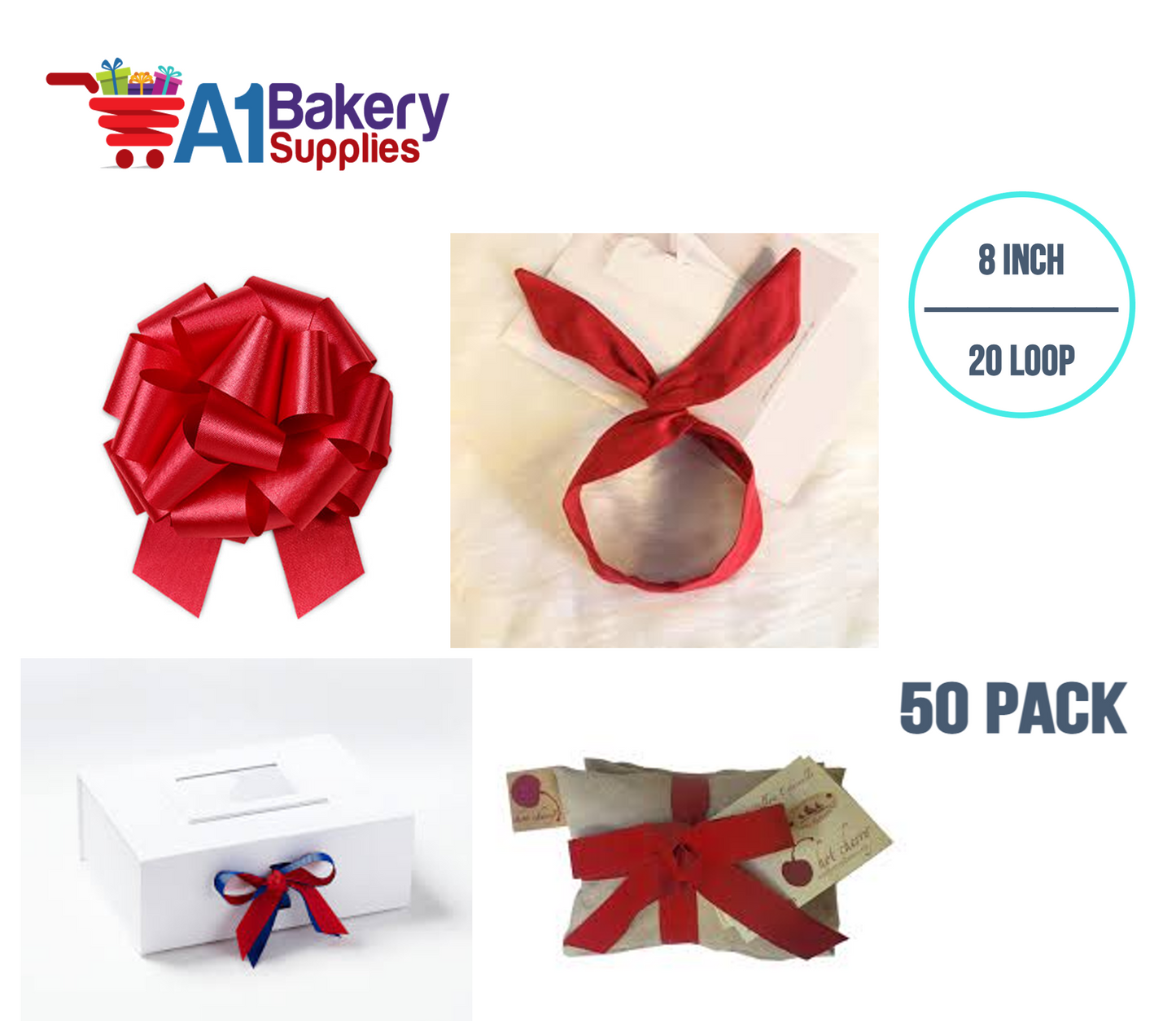 A1BakerySupplies 50 Pieces Pull Bow for Gift Wrapping Gift Bows Pull Bow With Ribbon for Wedding Gift Baskets, 8 Inch 20 Loop in Hot Red Flora Satin Color