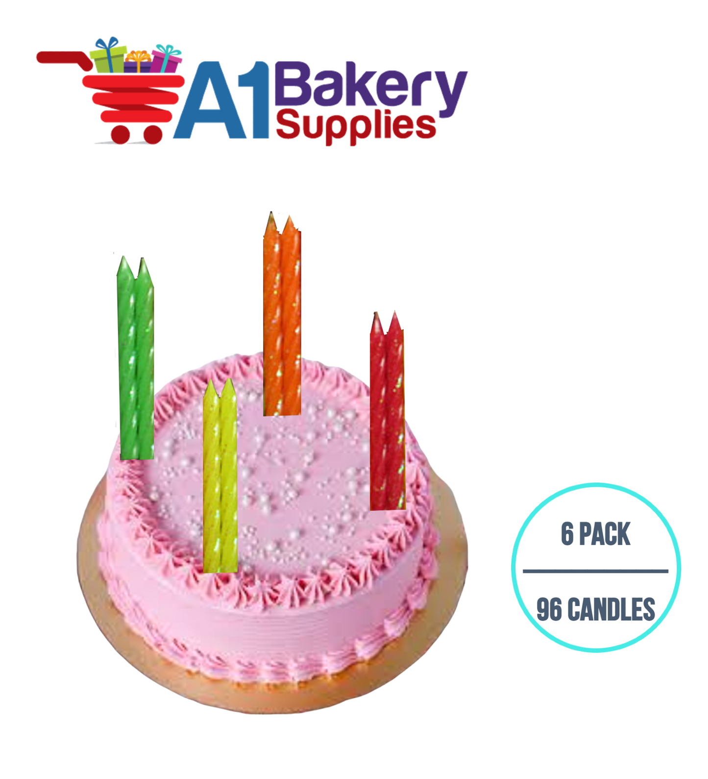 A1BakerySupplies Glitter Candles - Neon Asst 6 pack for Birthday Cake Decorations and Anniversary