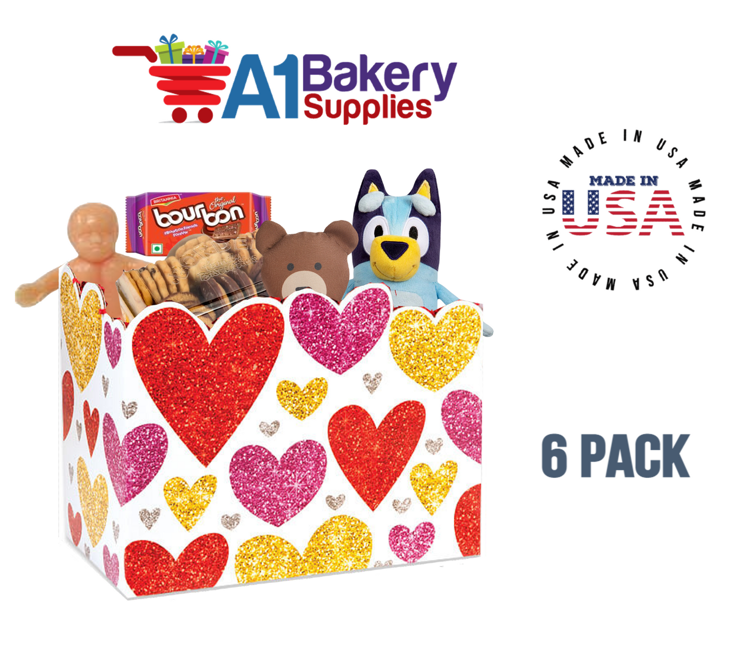 Glittering Hearts Basket Box, Theme Gift Box, Small 6.75 (Length) x 4 (Width) x 5 (Height), 6 Pack