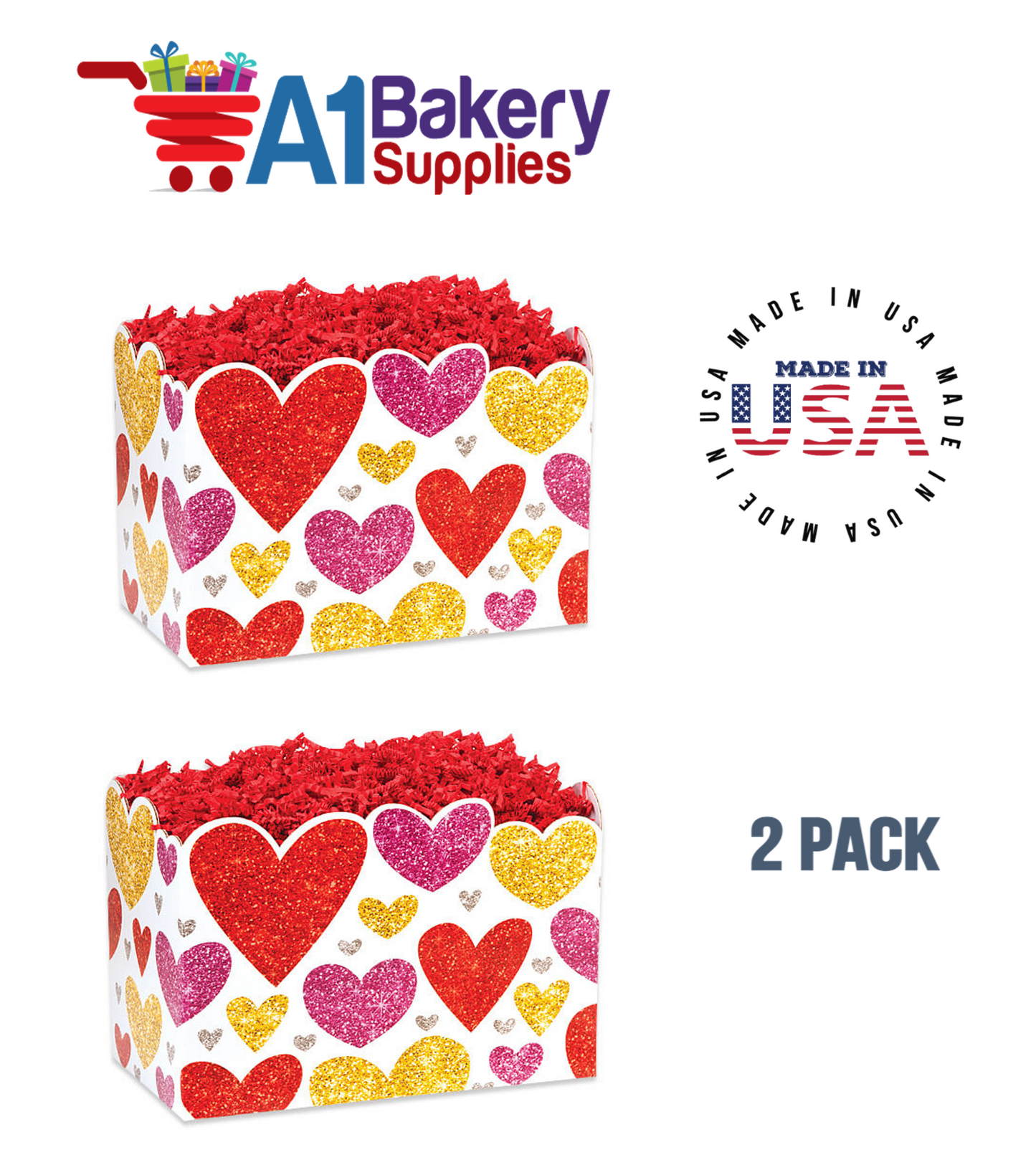 Glittering Hearts Basket Box, Theme Gift Box, Small 6.75 (Length) x 4 (Width) x 5 (Height), 2 Pack