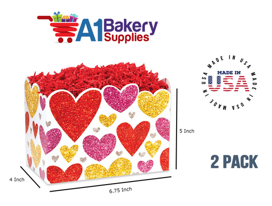 Glittering Hearts Basket Box, Theme Gift Box, Small 6.75 (Length) x 4 (Width) x 5 (Height), 2 Pack