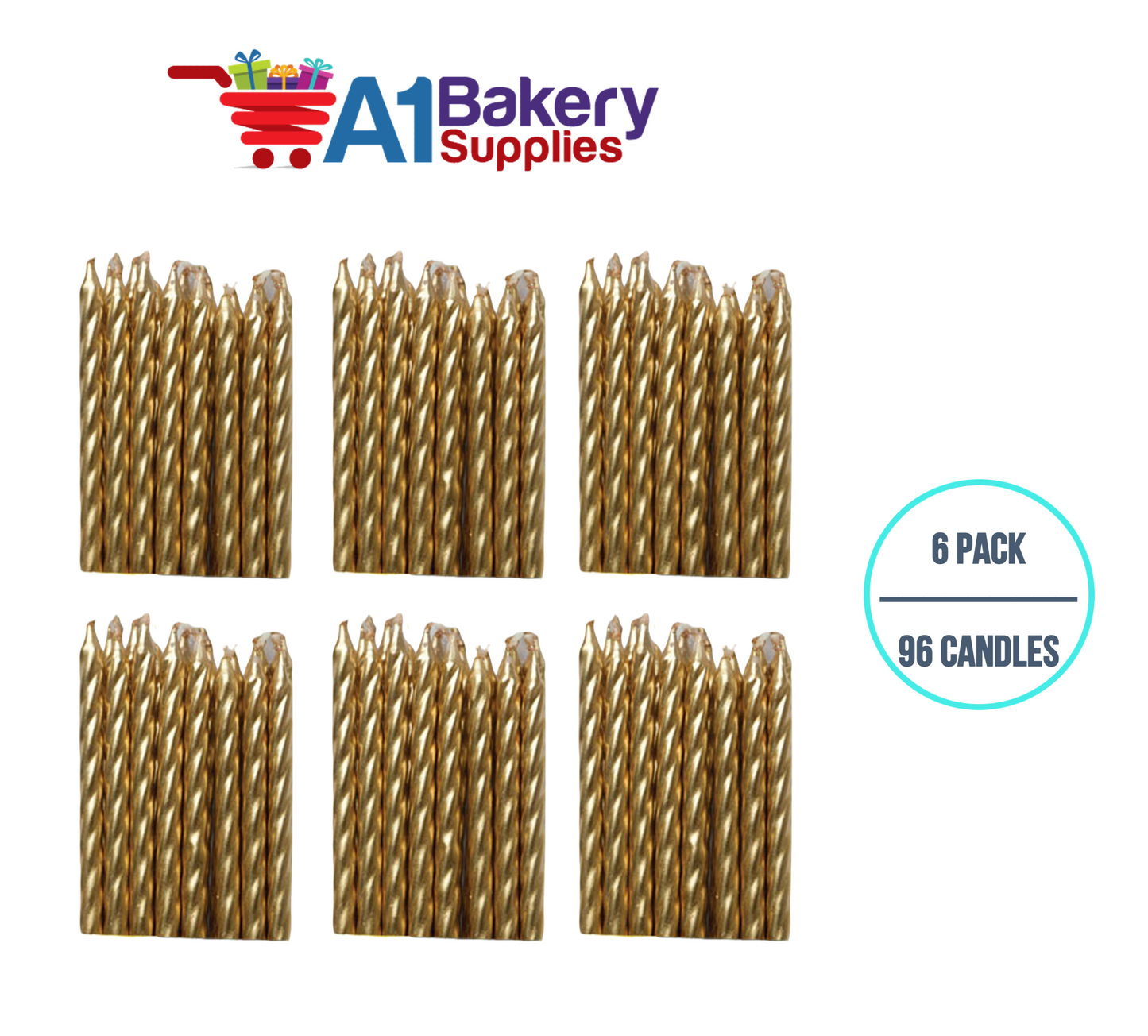 A1BakerySupplies Gold Spiral Candles 6 pack for Birthday Cake Decorations and Anniversary