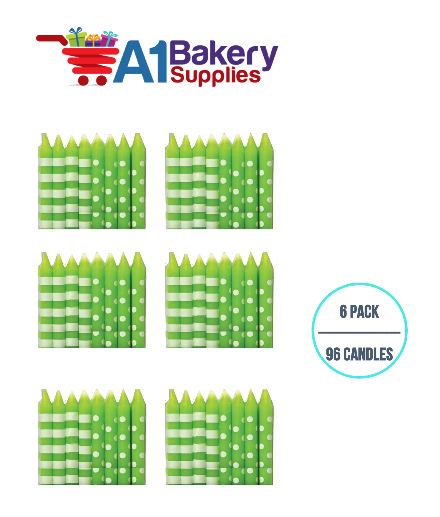 A1BakerySupplies Green Stripes And Dots Candles 6 pack for Birthday Cake Decorations and Anniversary