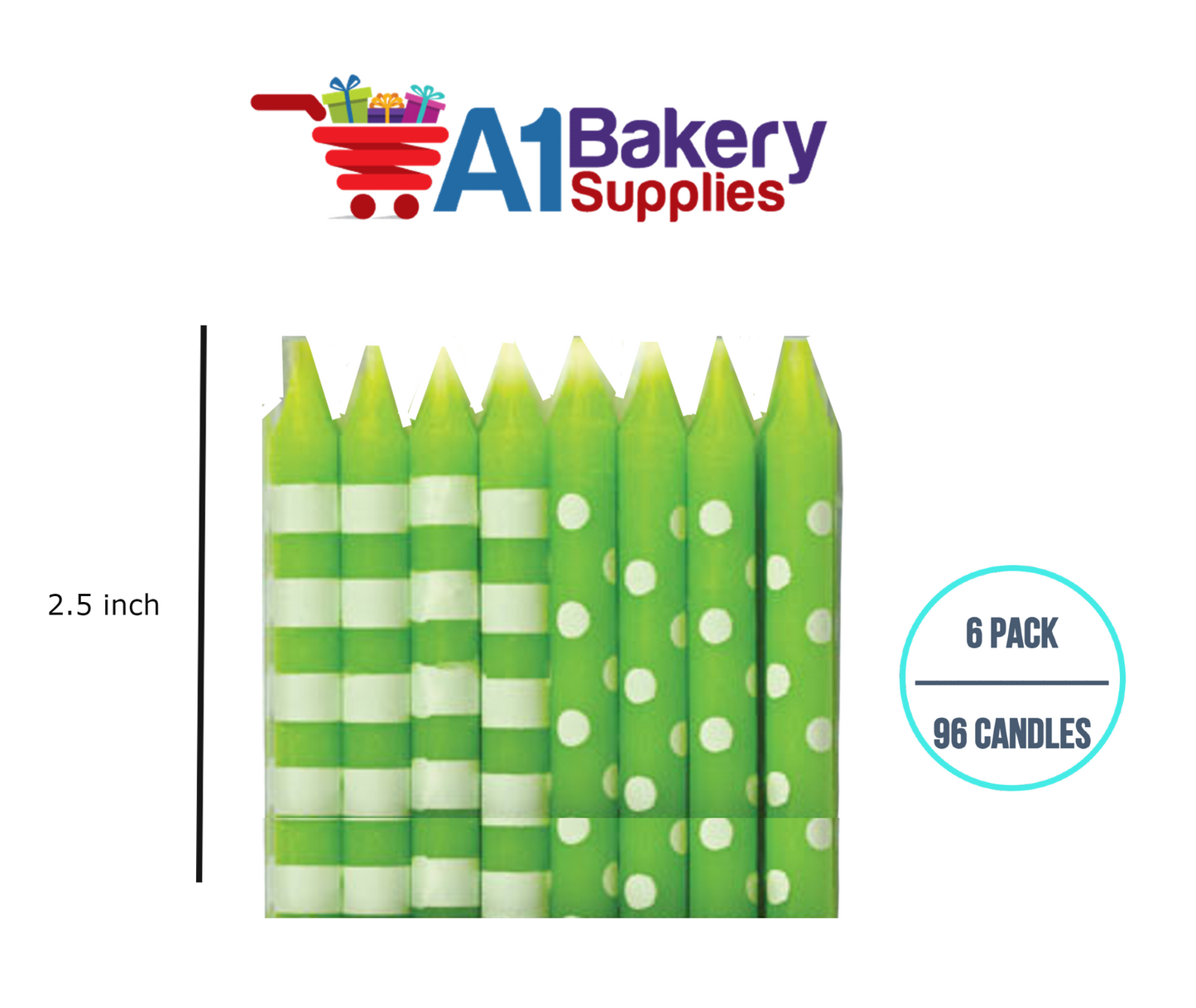 A1BakerySupplies Green Stripes And Dots Candles 6 pack for Birthday Cake Decorations and Anniversary