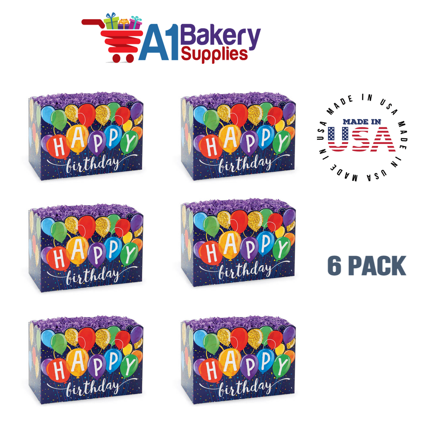 Happy Birthday Balloons Basket Box, Theme Gift Box, Large 10.25 (Length) x 6 (Width) x 7.5 (Height), 6 Pack