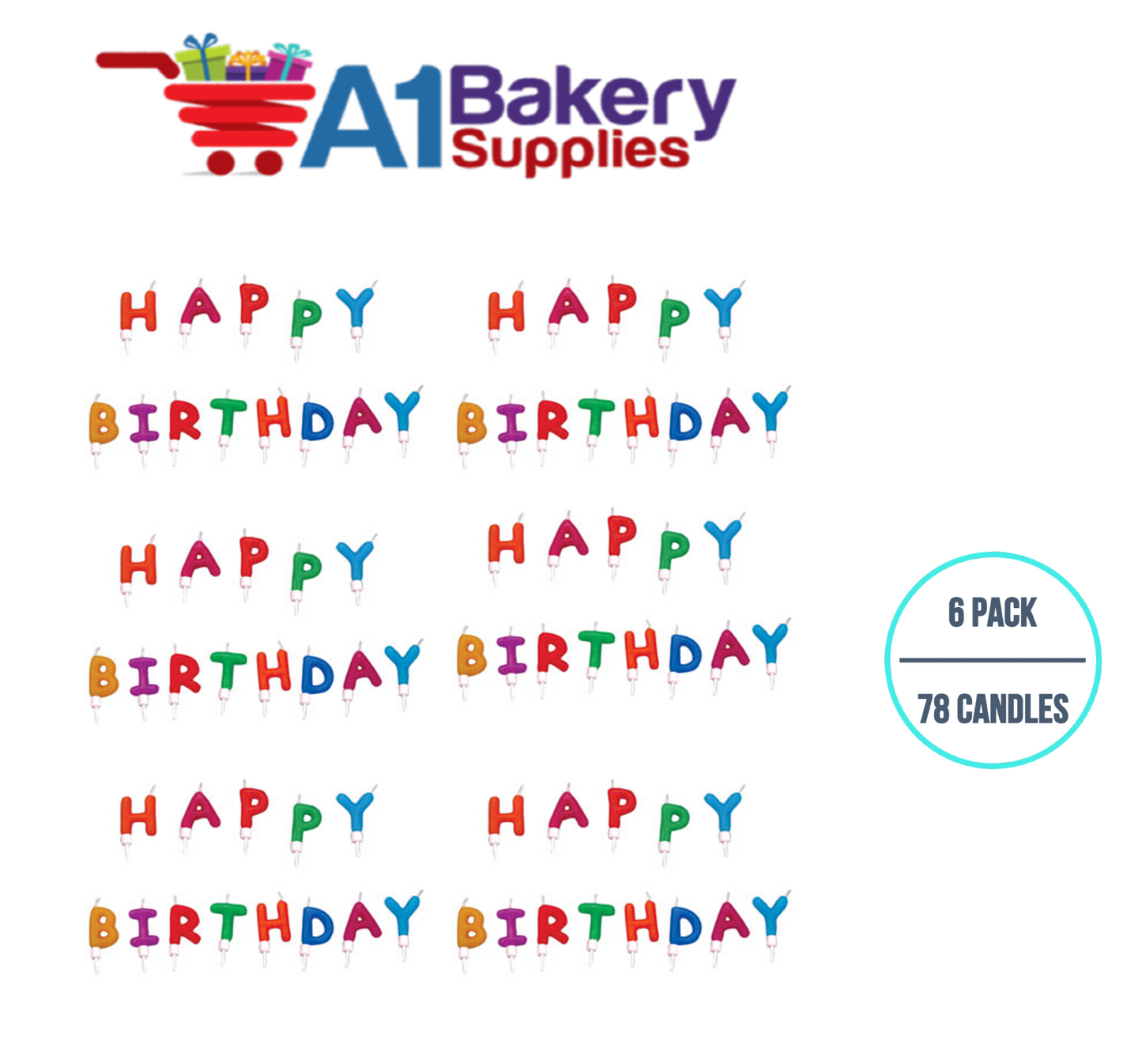 A1BakerySupplies Happy Birthday Message Candles 6 pack for Birthday Cake Decorations and Anniversary