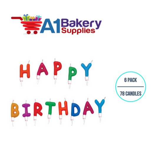 A1BakerySupplies Happy Birthday Message Candles 6 pack for Birthday Cake Decorations and Anniversary