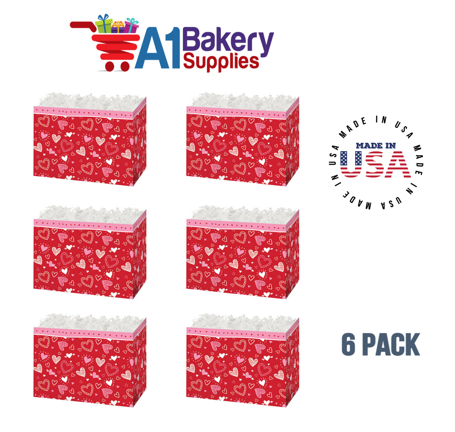 Happy Hearts Basket Box, Theme Gift Box, Small 6.75 (Length) x 4 (Width) x 5 (Height), 6 Pack