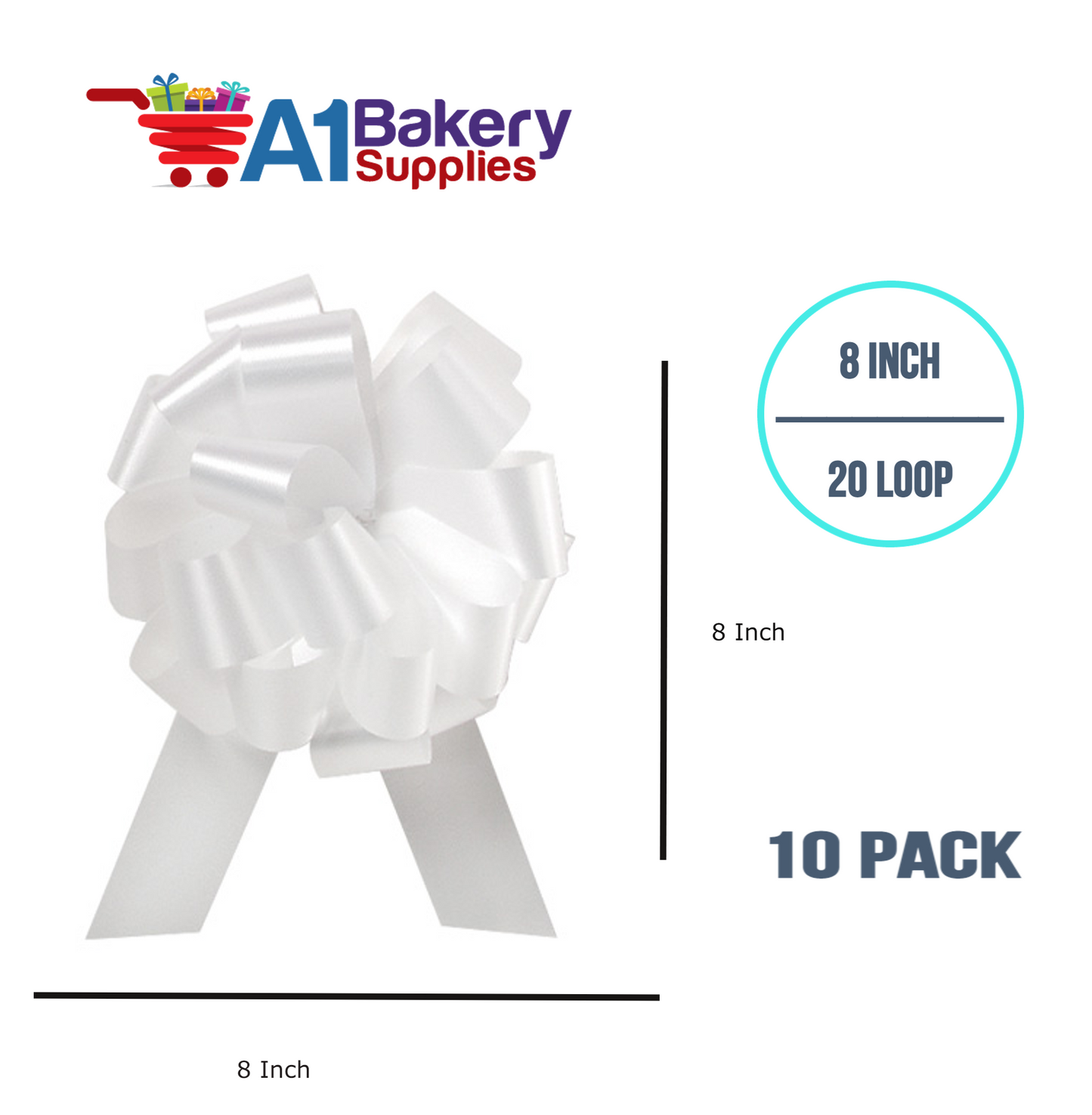 A1BakerySupplies 10 Pieces Pull Bow for Gift Wrapping Gift Bows Pull Bow With Ribbon for Wedding Gift Baskets, 8 Inch 20 Loop in White Flora Satin Color