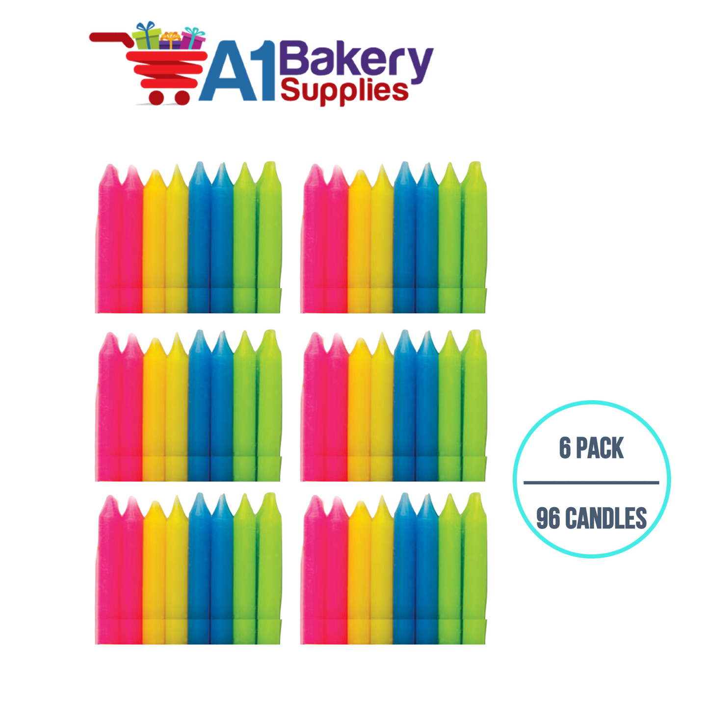A1BakerySupplies Multi Straight Candles 6 pack for Birthday Cake Decorations and Anniversary