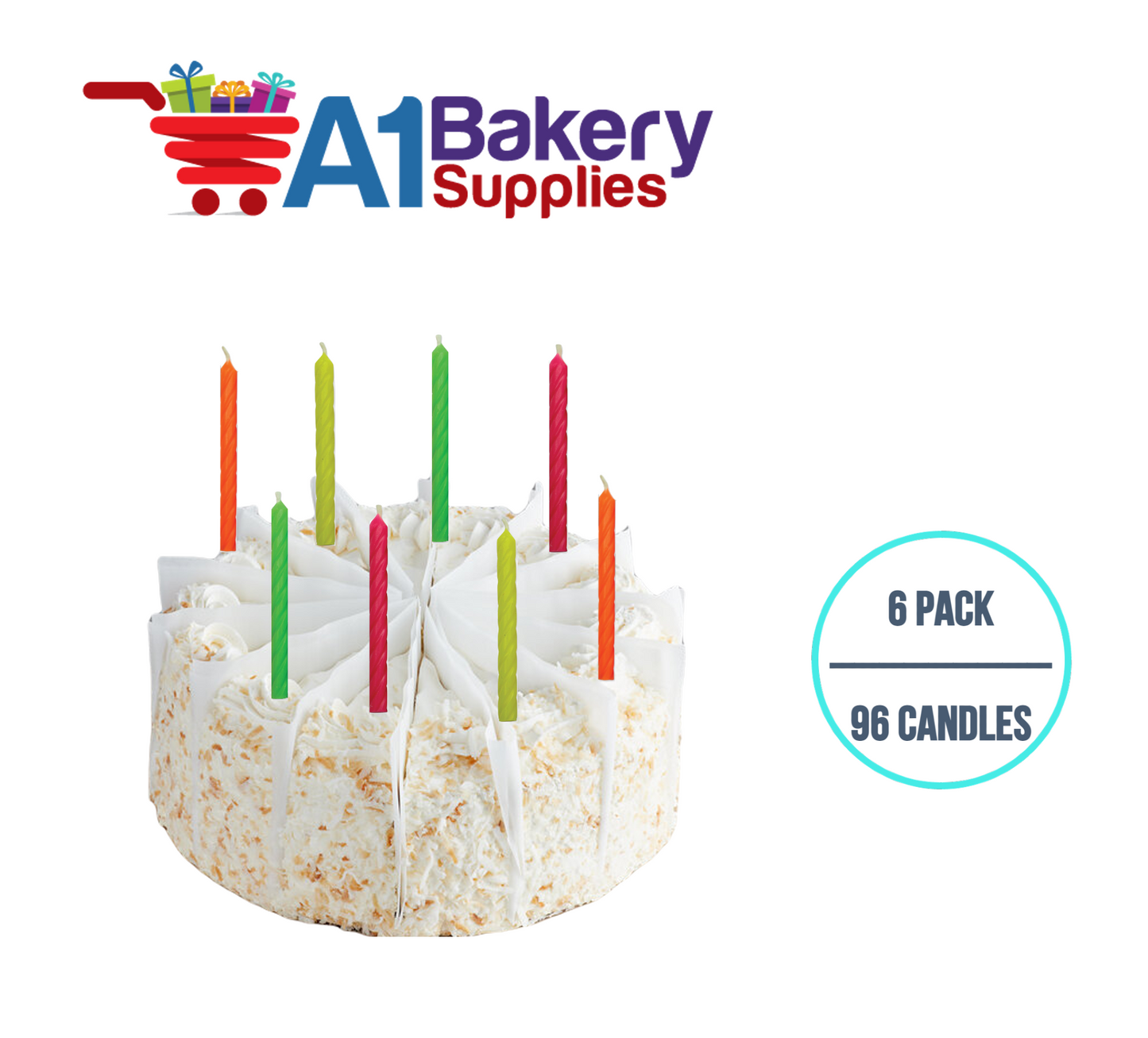 A1BakerySupplies Neon Spiral Asst. Candles 6 pack for Birthday Cake Decorations and Anniversary