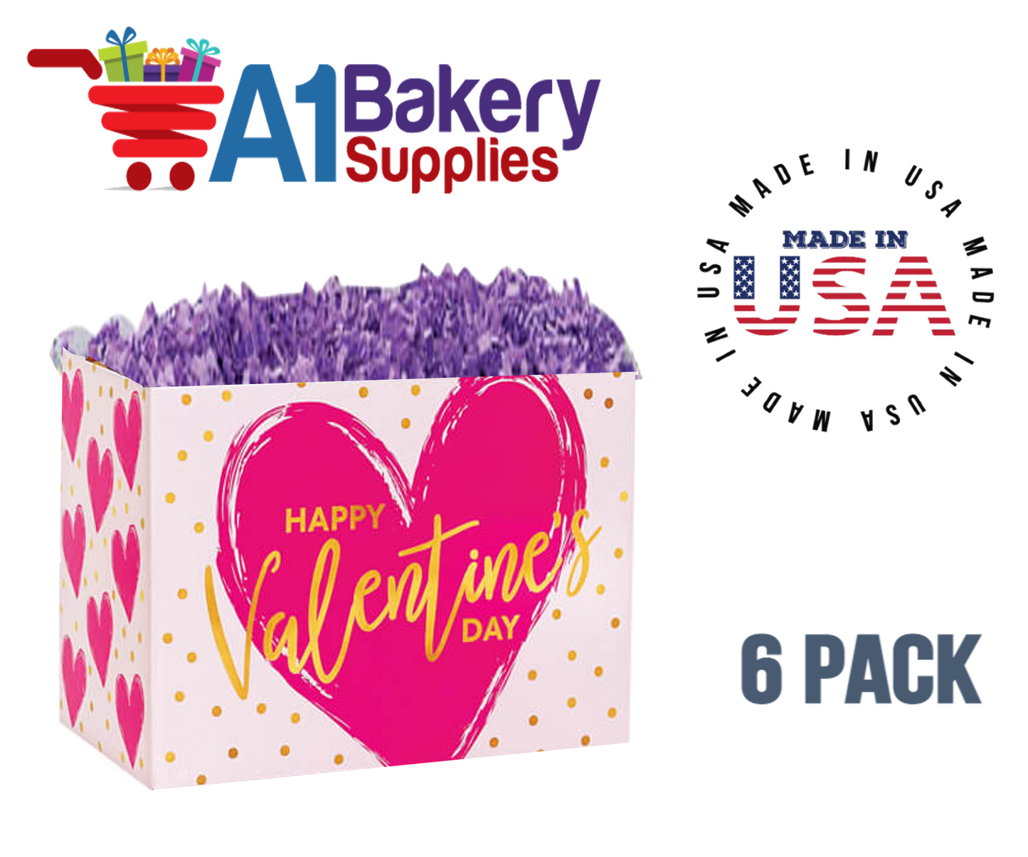 Painted Heart Basket Box, Theme Gift Box, Small 6.75 (Length) x 4 (Width) x 5 (Height), 6 Pack