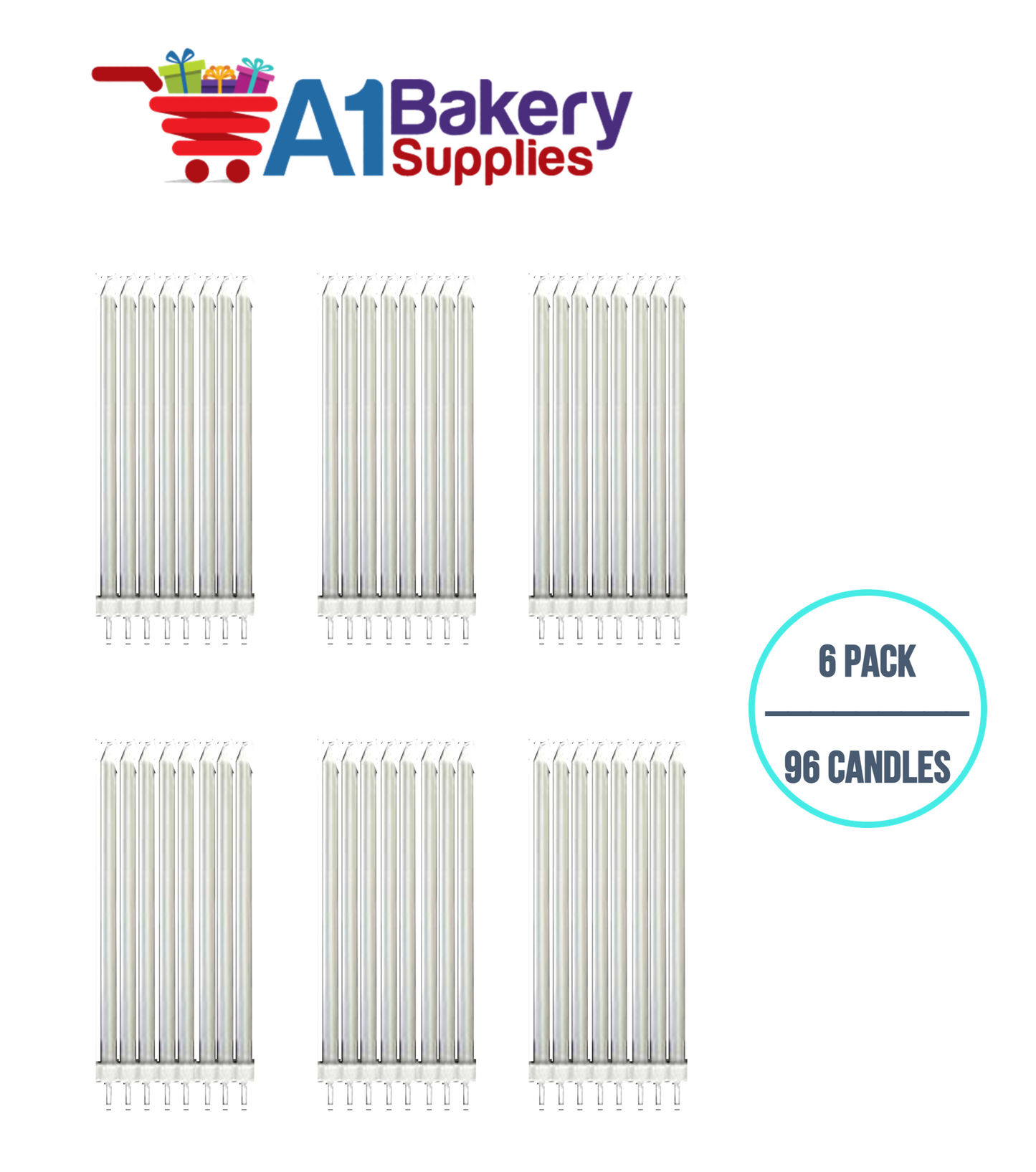 A1BakerySupplies Party Shape Candles- Silver W/Holders 6 pack for Birthday Cake Decorations and Anniversary