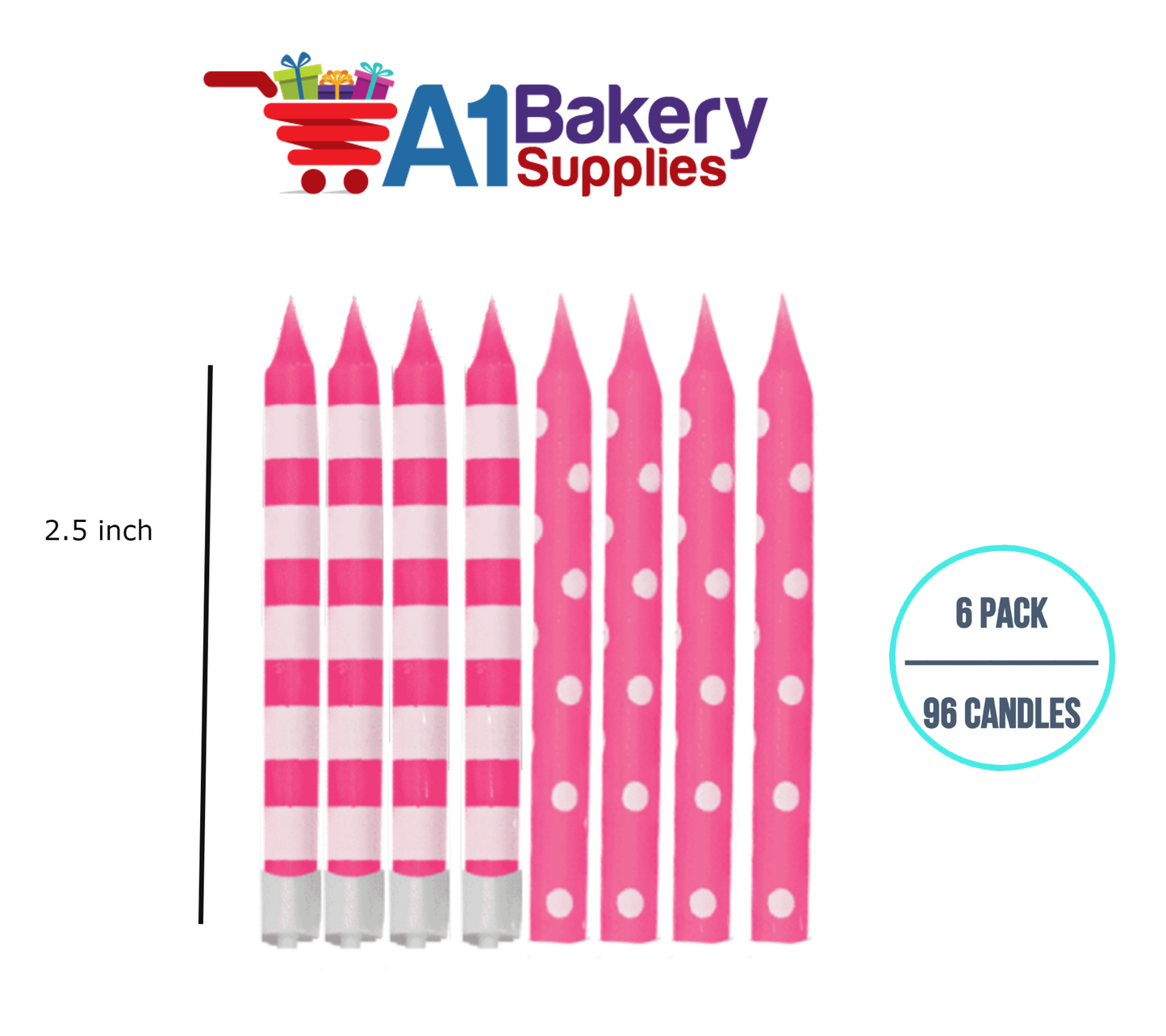 A1BakerySupplies Pink Stripes And Dots Candles 6 pack for Birthday Cake Decorations and Anniversary