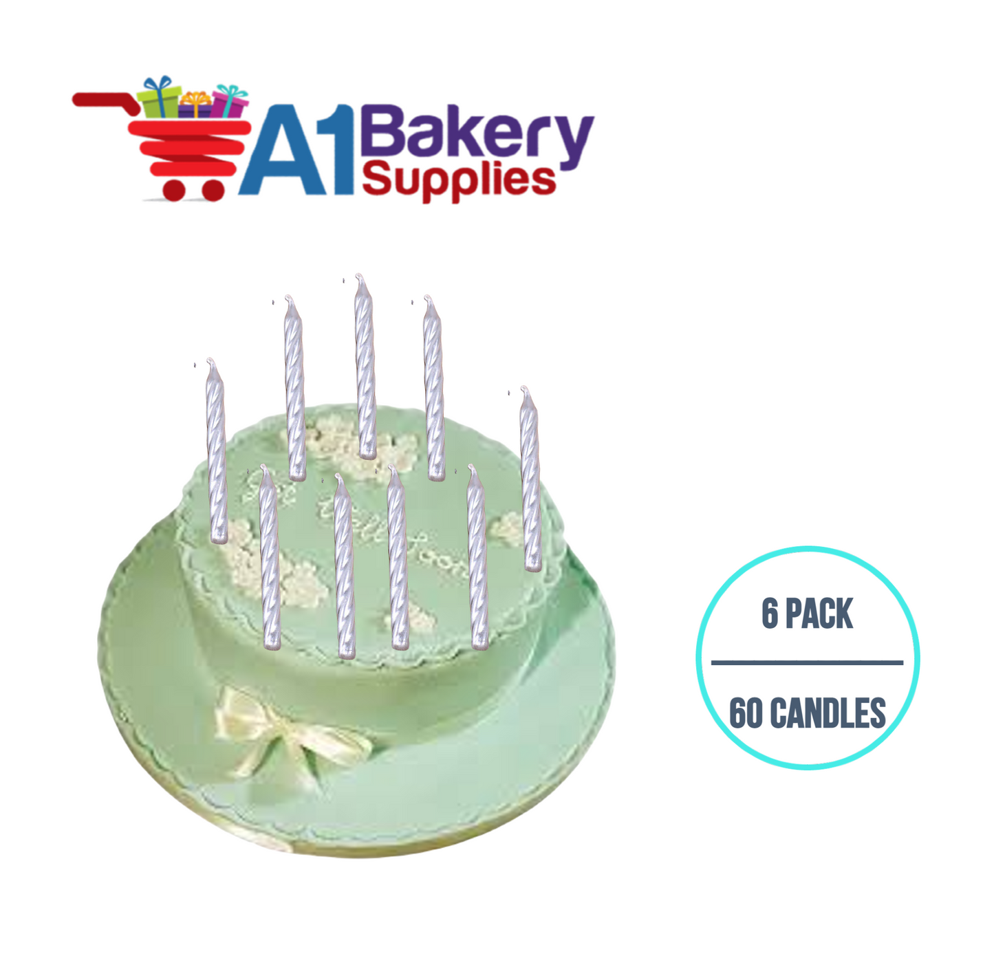 A1BakerySupplies Silver Birthday Candles 6 pack for Birthday Cake Decorations and Anniversary