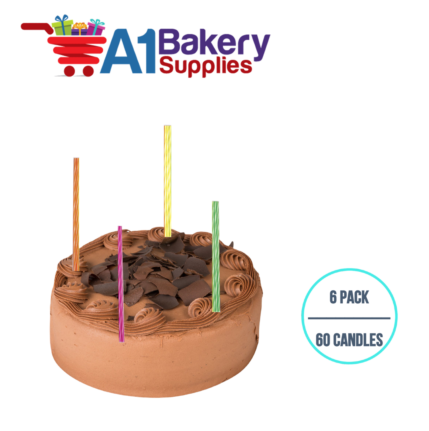 A1BakerySupplies Slim Candles - Neon Striped 6 pack for Birthday Cake Decorations and Anniversary