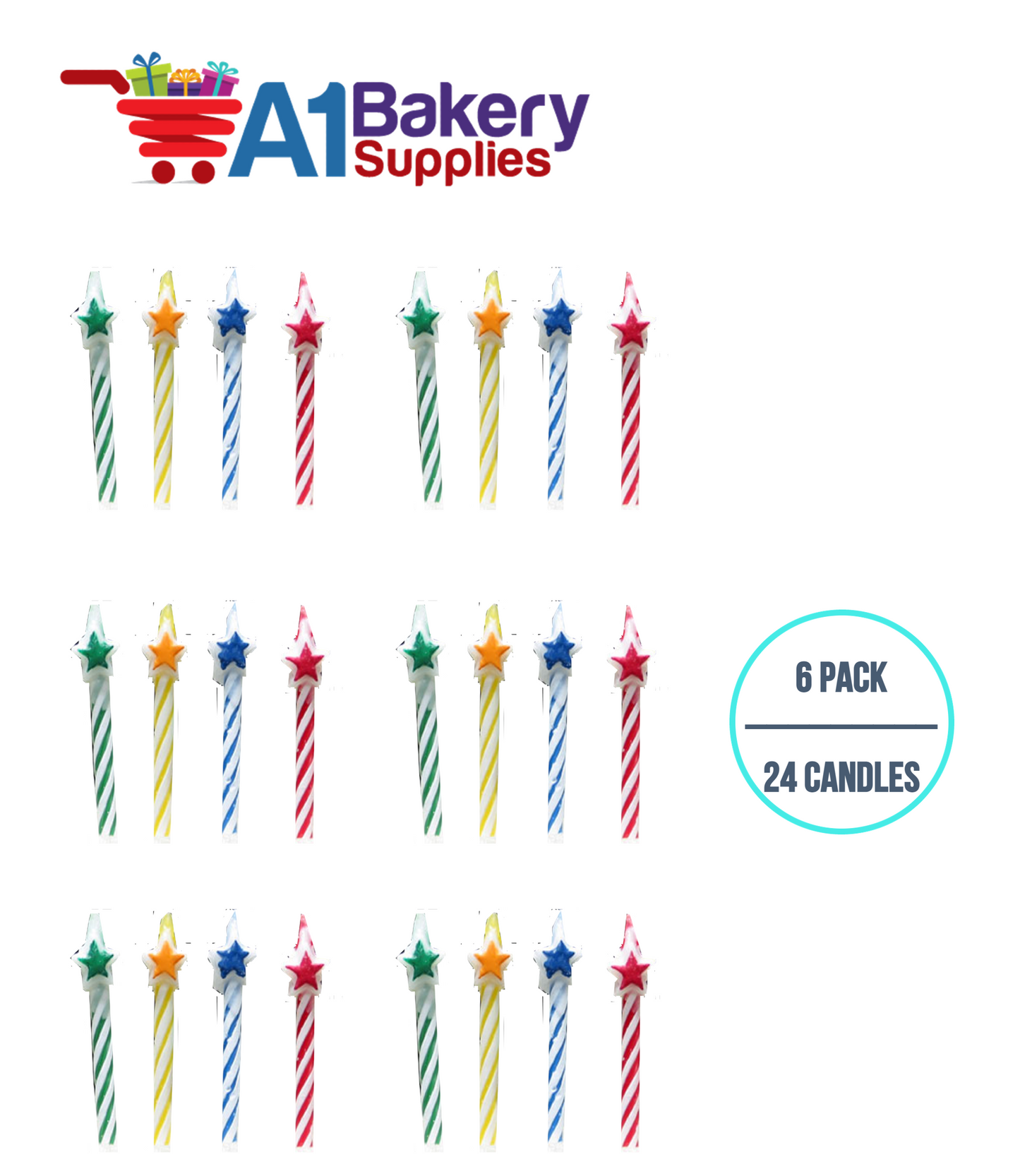 A1BakerySupplies Star Top Striped Birthday Candles 6 pack for Birthday Cake Decorations and Anniversary