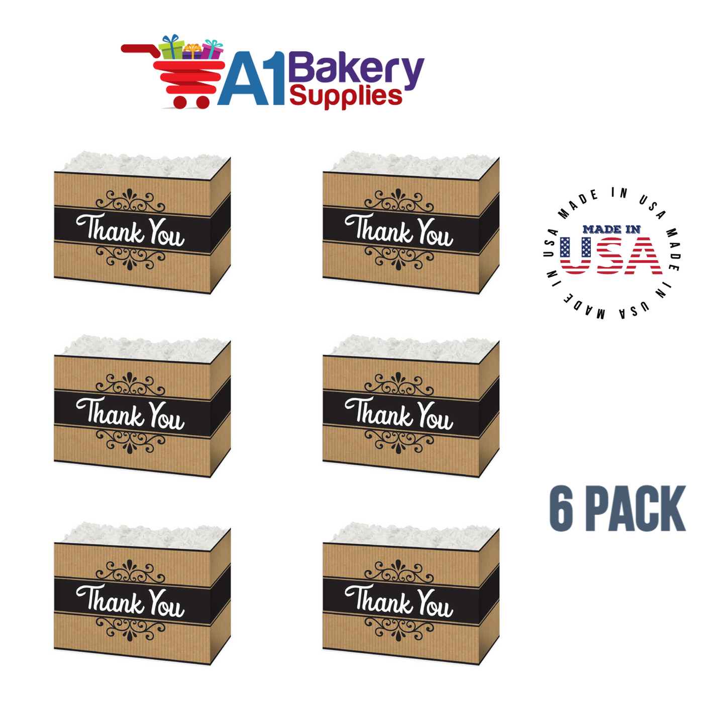 Thank You Kraft Stripes Basket Box, Theme Gift Box, Small 6.75 (Length) x 4 (Width) x 5 (Height), 6 Pack