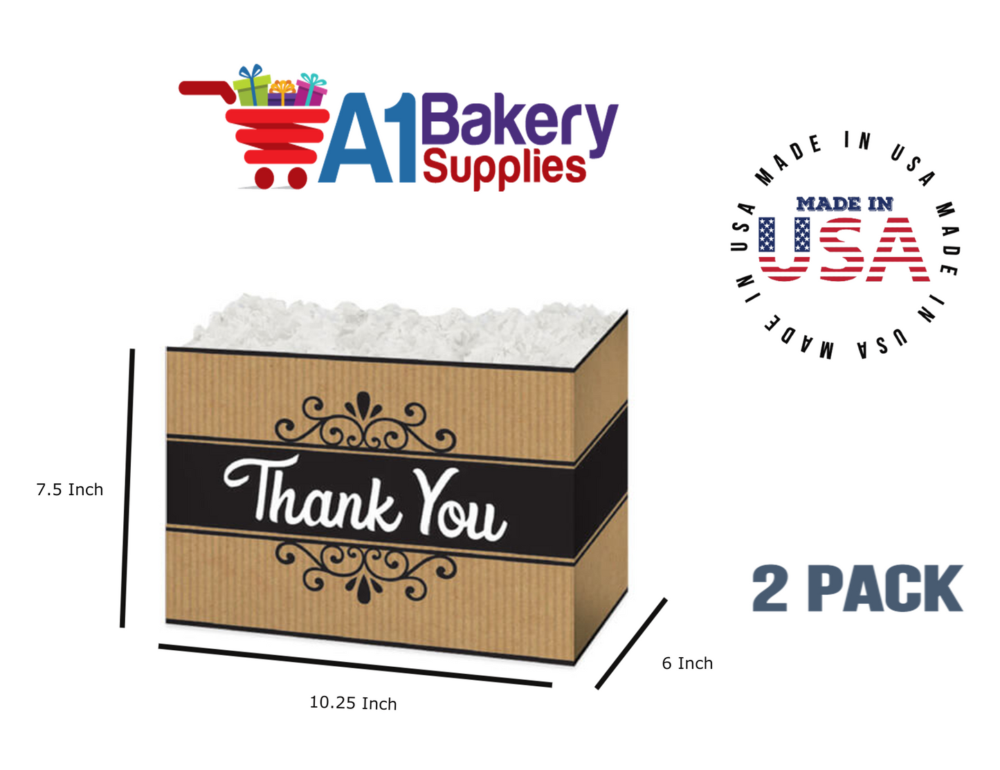 Thank You Kraft Stripes Basket Box, Theme Gift Box, Large 10.25 (Length) x 6 (Width) x 7.5 (Height), 2 Pack