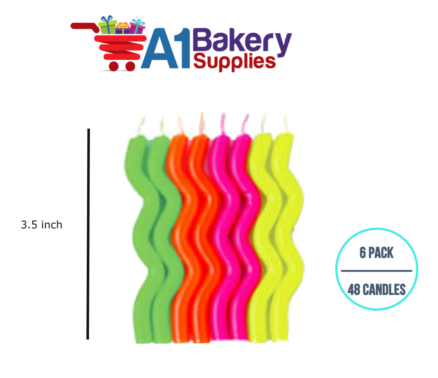 A1BakerySupplies Wavy Birthday Candles- Neon Asst 6 pack for Birthday Cake Decorations and Anniversary