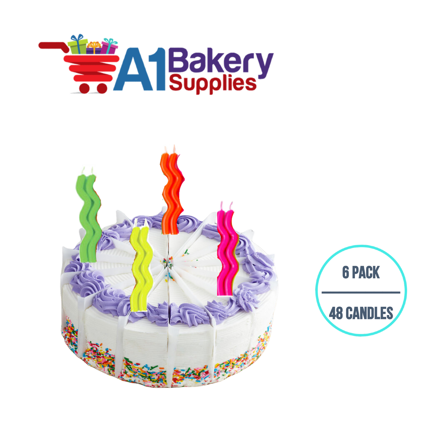A1BakerySupplies Wavy Birthday Candles- Neon Asst 6 pack for Birthday Cake Decorations and Anniversary