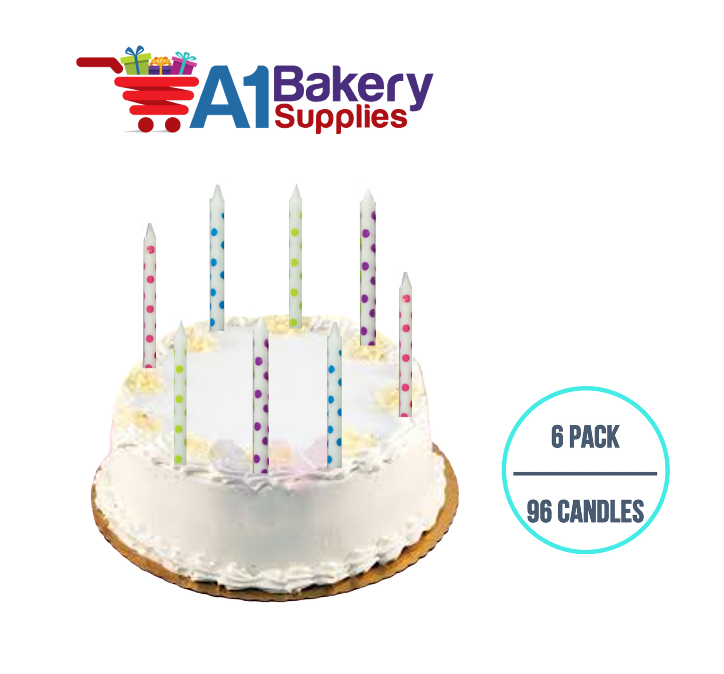 A1BakerySupplies White Dots Asst. Candles 6 pack for Birthday Cake Decorations and Anniversary