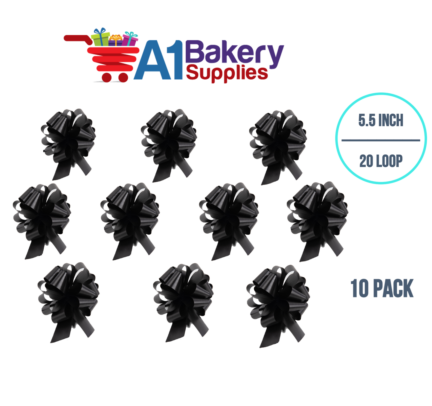 A1BakerySupplies 10 Pieces Pull Bow for Gift Wrapping Gift Bows Pull Bow With Ribbon for Wedding Gift Baskets, 5.5 Inch 20 Loop in Black Color