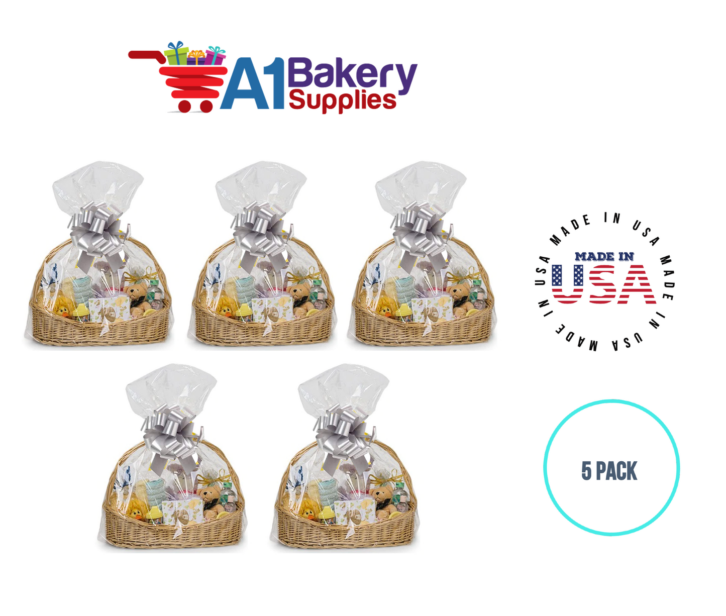 BOPP Sealable Cellophane Bags and Clear Gift Basket Wrap Packaging, 24 in x 30 in, Clear Cello Wrapping for Baby Shower, Wedding Party, or Event Giveaways, 5 Pack