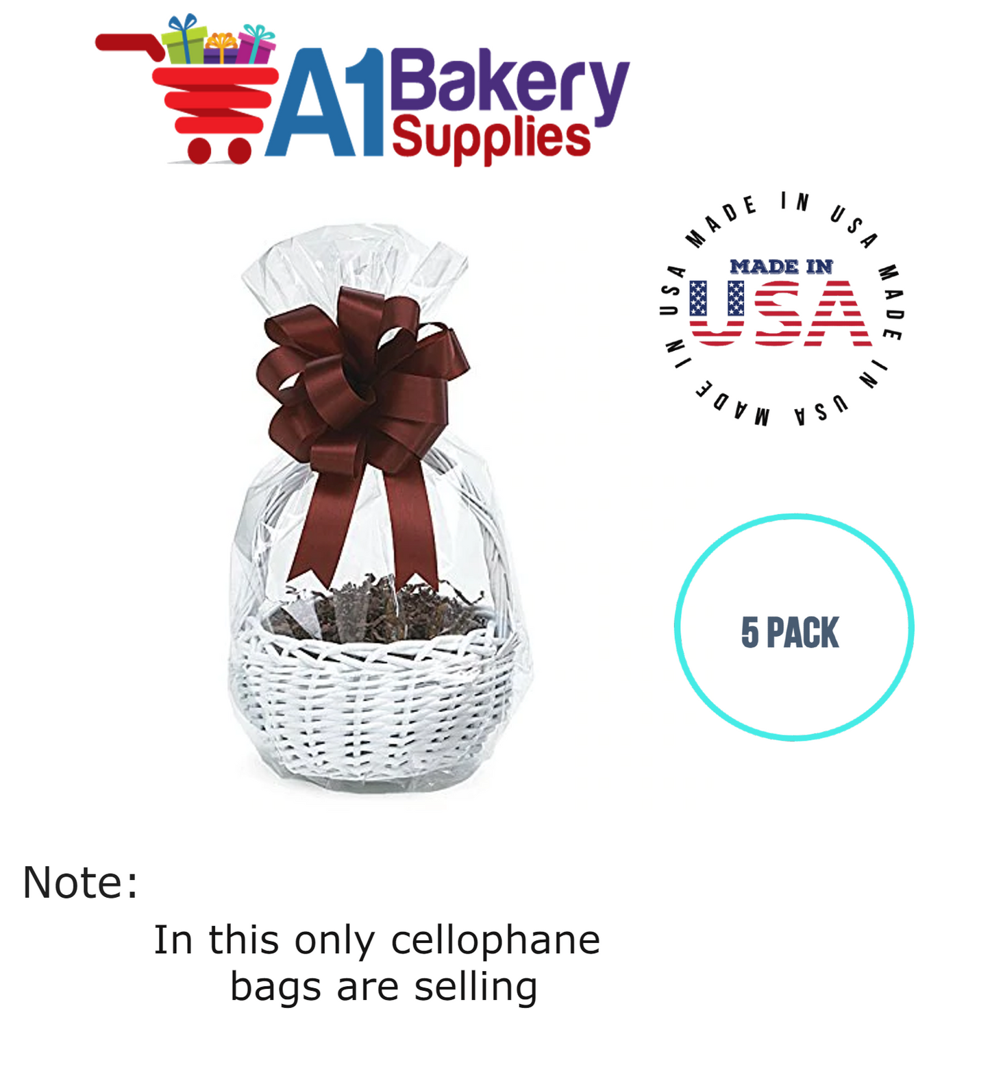 Round Bottom Basket Size 1.2 MIL BOPP Sealable Cellophane Gift Bags Bags for Gift Packing 14 x 24 Inch, 5 Pack