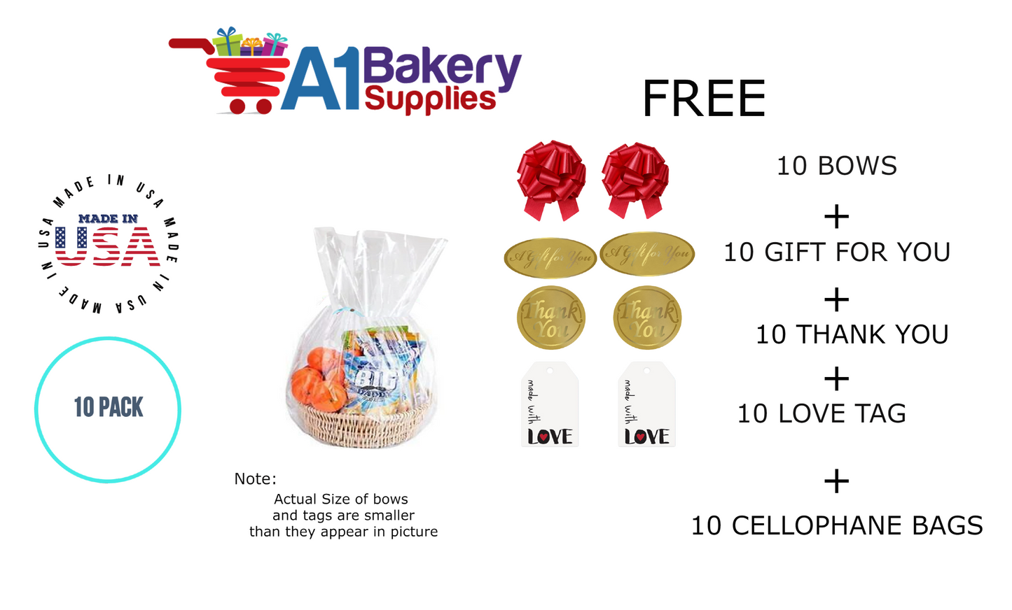 BOPP Sealable Cellophane Bags and Clear Gift Basket Wrap Packaging, 18 in x 30 in, Clear Cello Wrapping for Baby Shower, Wedding Party, or Event Giveaways, 10 Pack