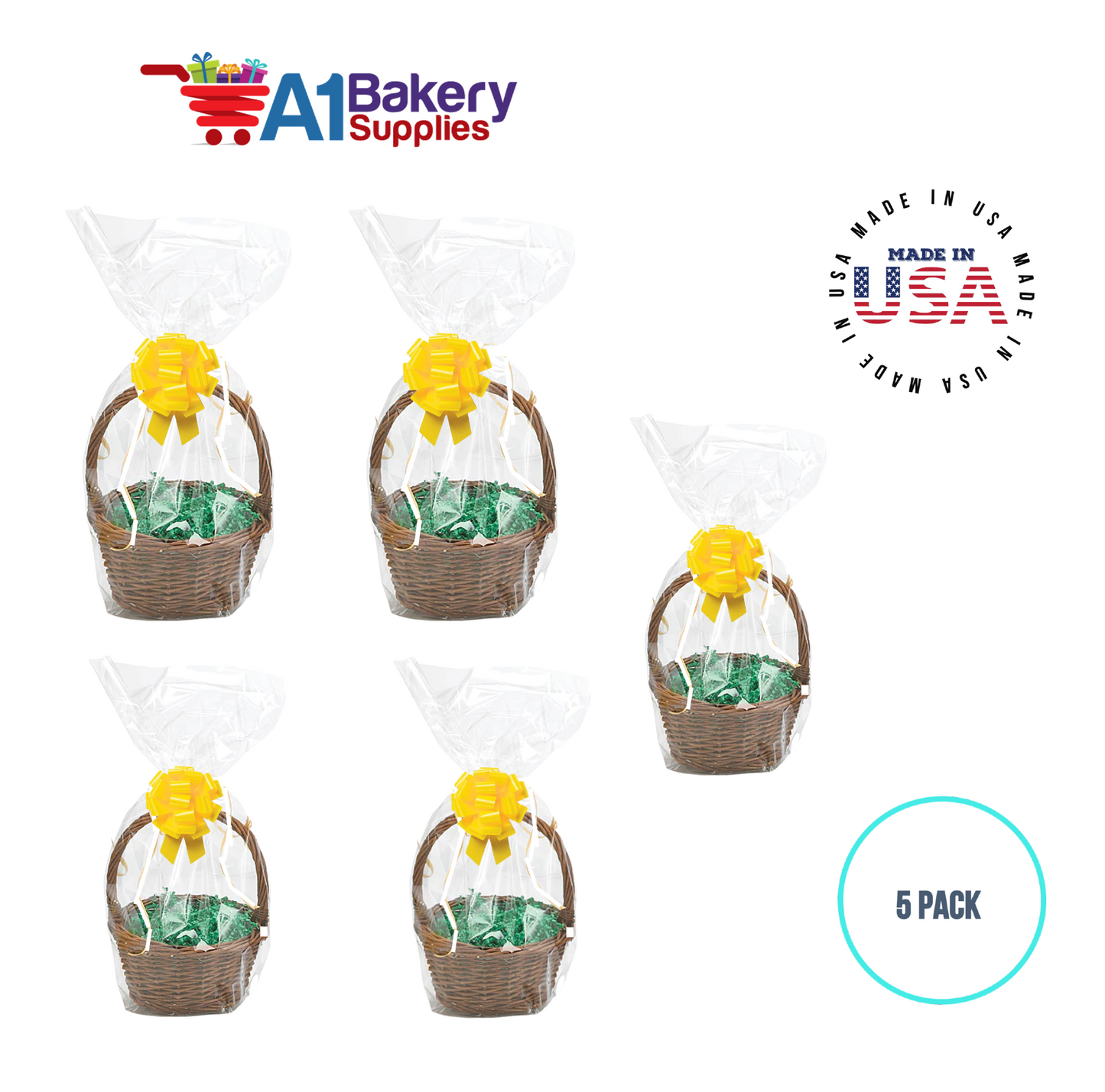 BOPP Sealable Cellophane Bags and Clear Gift Basket Wrap Packaging, 12 in x 24 in, Clear Cello Wrapping for Baby Shower, Wedding Party, or Event Giveaways, 5 Pack