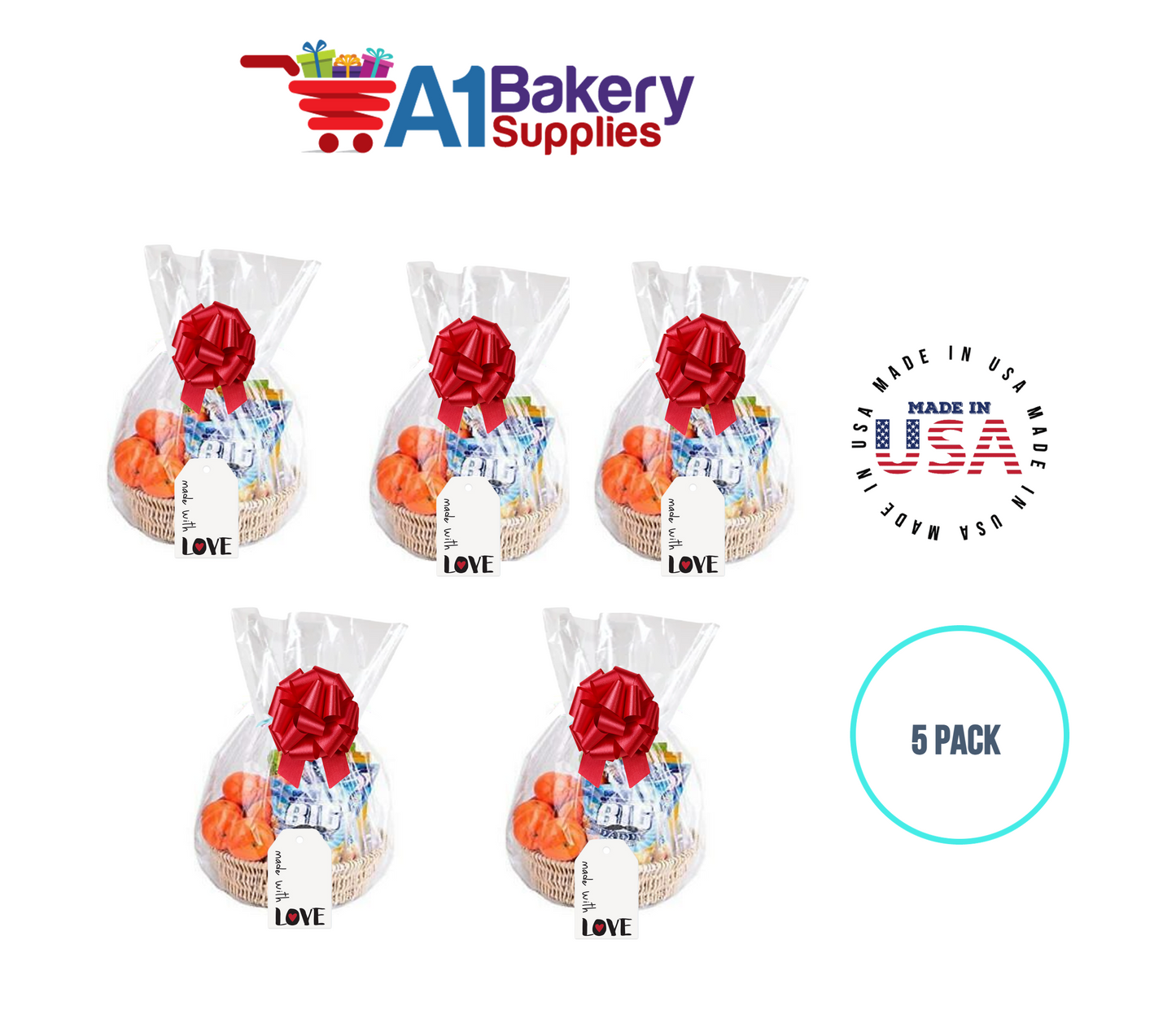 BOPP Sealable Cellophane Bags and Clear Gift Basket Wrap Packaging, 18 in x 30 in, Clear Cello Wrapping for Baby Shower, Wedding Party, or Event Giveaways, 5 Pack