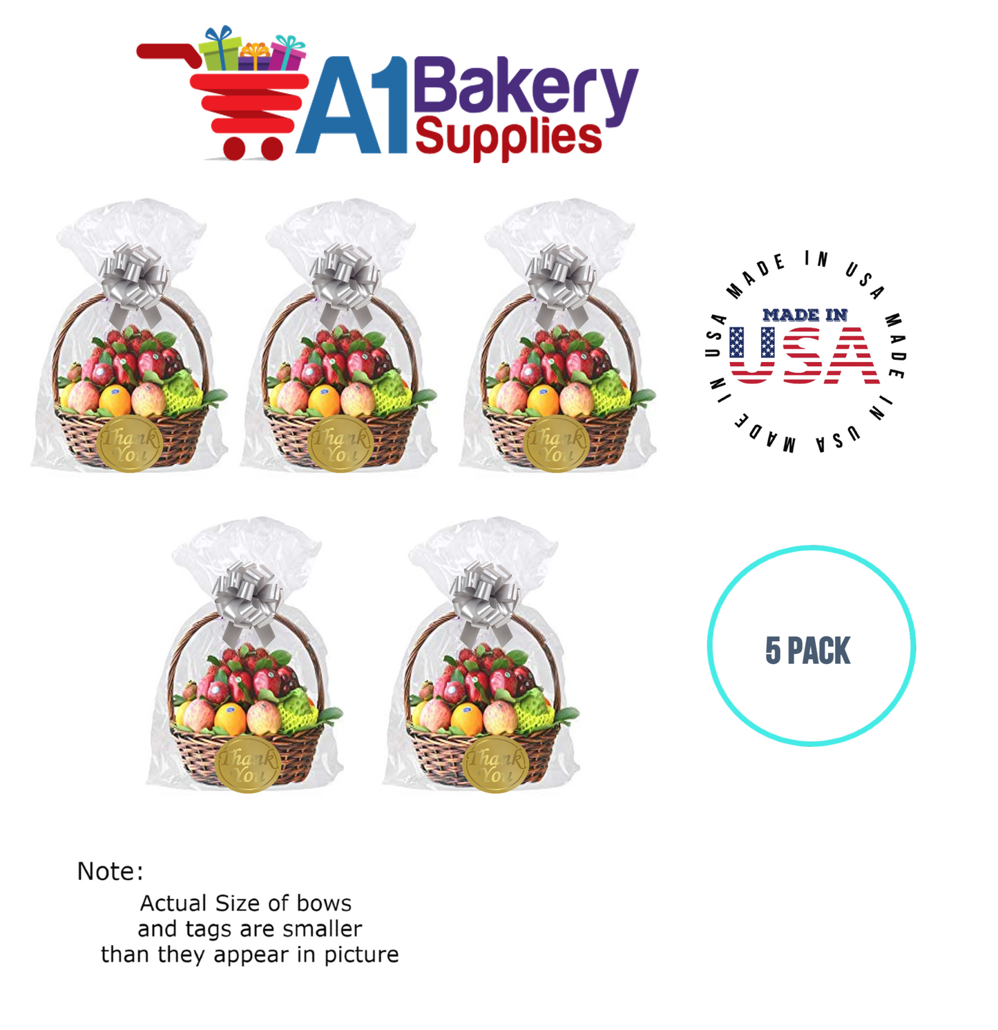 BOPP Sealable Cellophane Bags and Clear Gift Basket Wrap Packaging, 20 in x 30 in, Clear Cello Wrapping for Baby Shower, Wedding Party, or Event Giveaways, 5 Pack