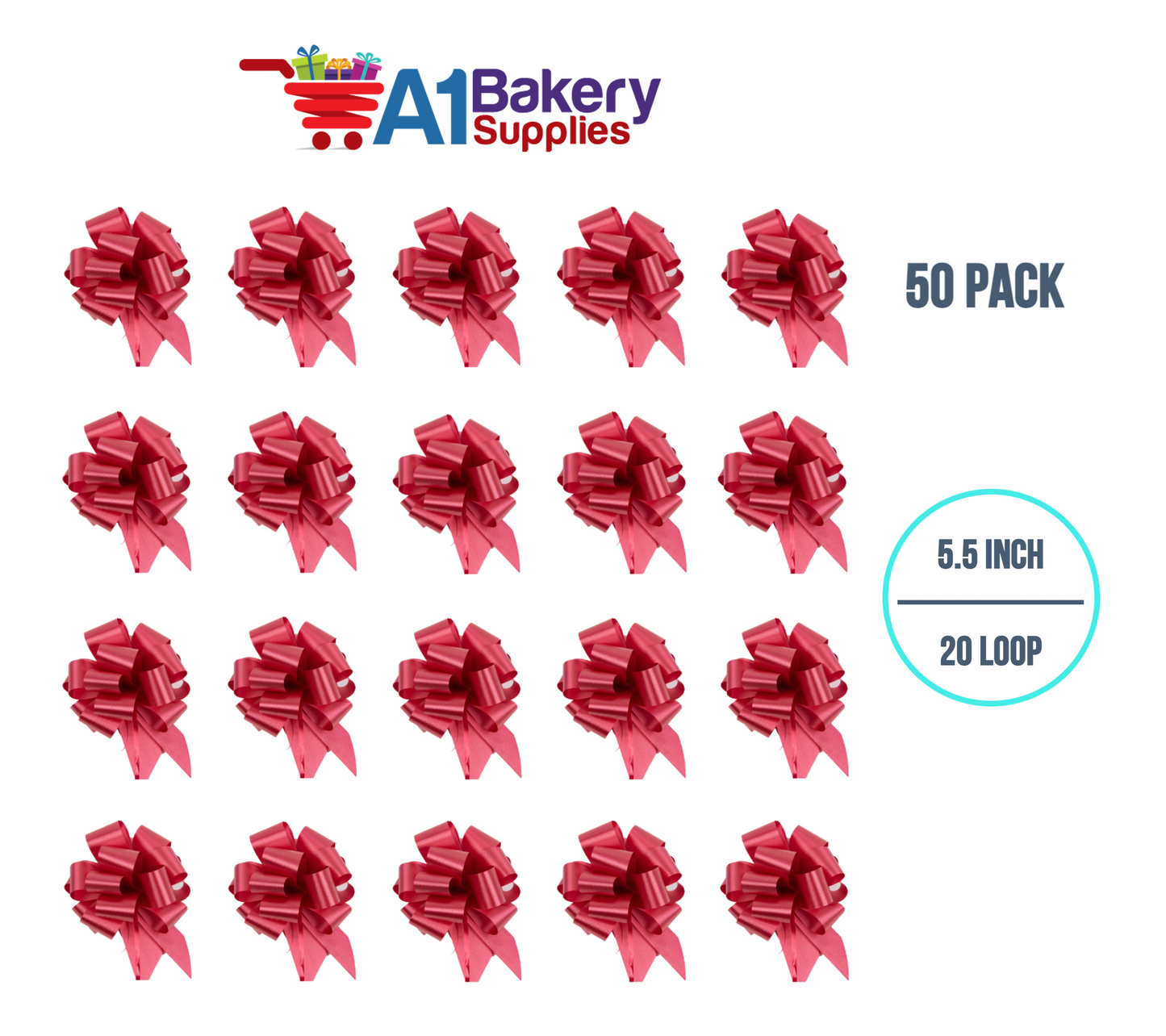 A1BakerySupplies 50 Pieces Pull Bow for Gift Wrapping Gift Bows Pull Bow With Ribbon for Wedding Gift Baskets, 5.5 Inch 20 Loop in Red Color