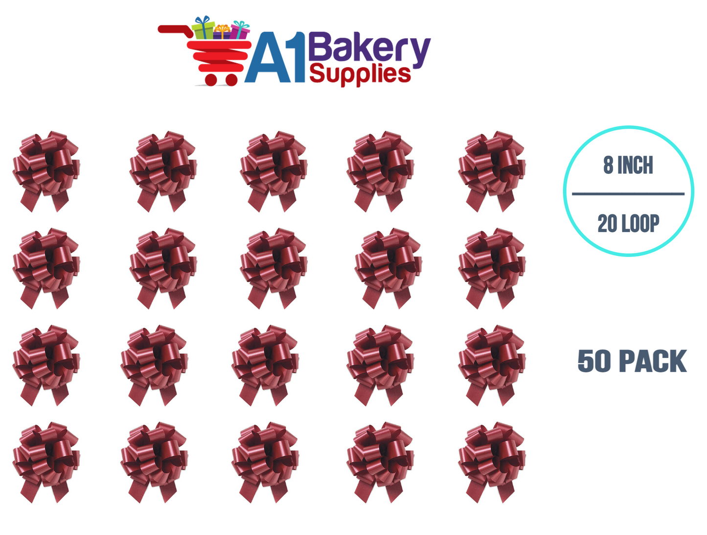 A1BakerySupplies 50 Pieces Pull Bow for Gift Wrapping Gift Bows Pull Bow With Ribbon for Wedding Gift Baskets, 8 Inch 20 Loop Marsala Maroon Flora Satin Color