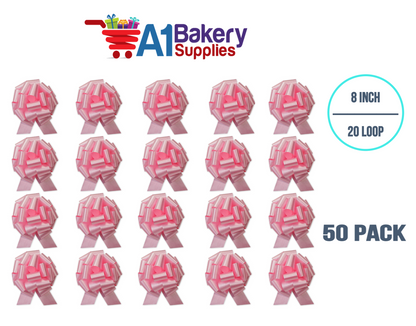 A1BakerySupplies 50 Pieces Pull Bow for Gift Wrapping Gift Bows Pull Bow With Ribbon for Wedding Gift Baskets, 8 Inch 20 Loop in Pink Flora Satin Color